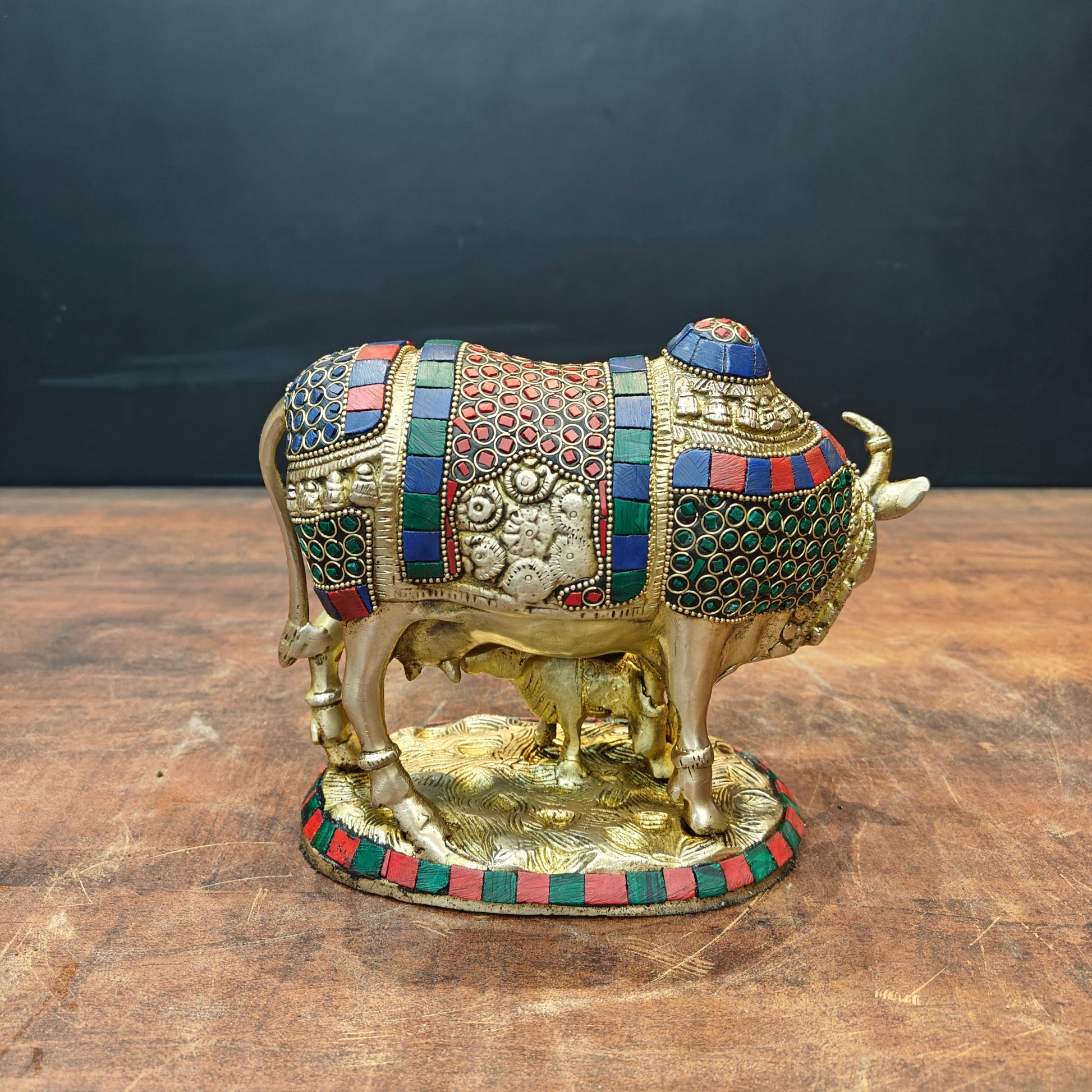 Brass Cow With Calf Idol Stone Work For Home Decor 7 Inch - Image 5