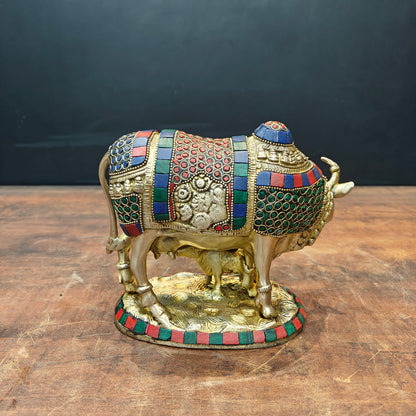 Brass Cow With Calf Idol Stone Work For Home Decor 7 Inch by vendor-unknown - Spiritual (View 5)