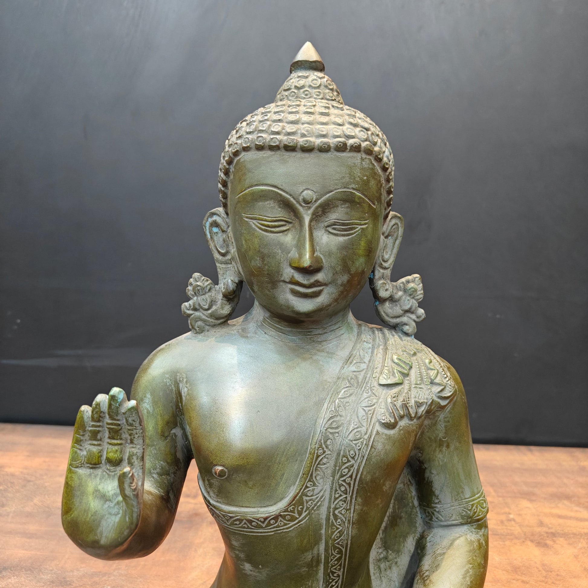 Brass Buddha Statue in Blessing Mudra Antique Patina Finish 1.5 Feet - Image 2