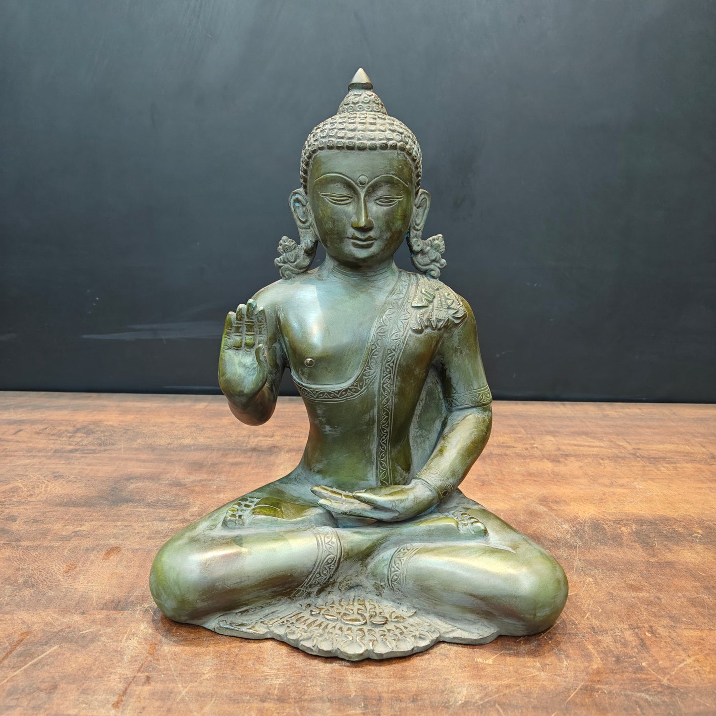 Brass Buddha Statue in Blessing Mudra Antique Patina Finish 1.5 Feet