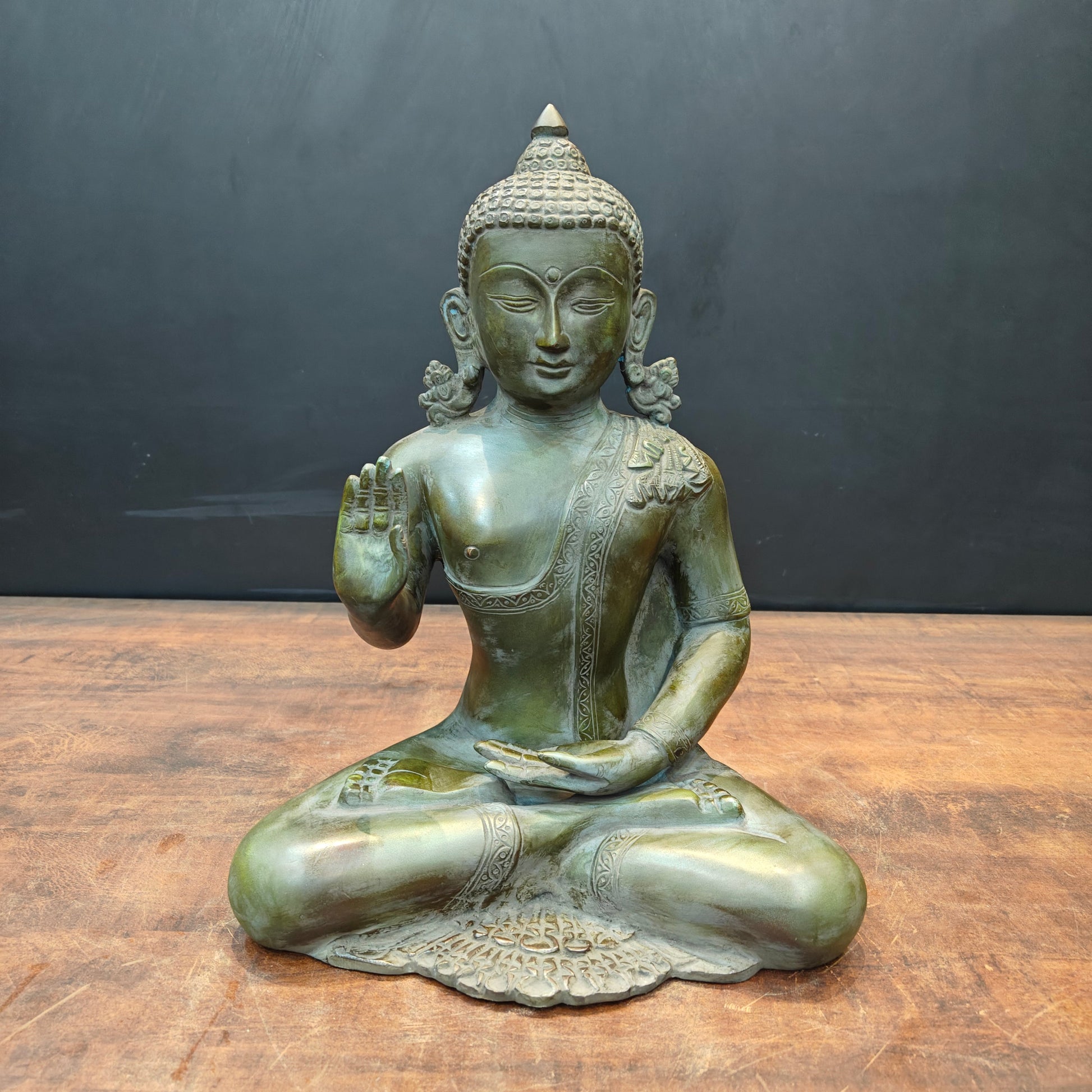 Brass Buddha Statue in Blessing Mudra Antique Patina Finish 1.5 Feet - Image 3