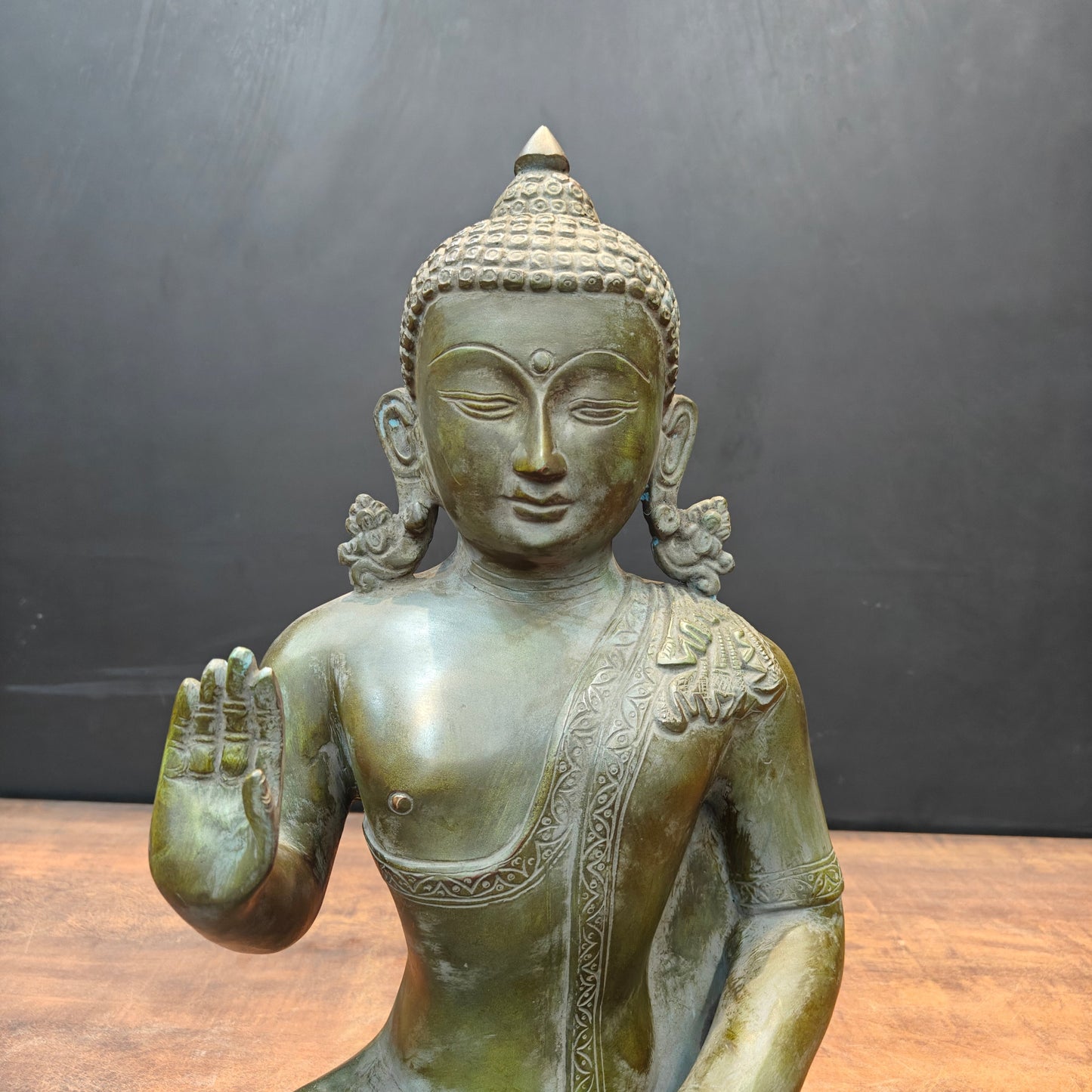 Brass Buddha Statue in Blessing Mudra Antique Patina Finish 1.5 Feet