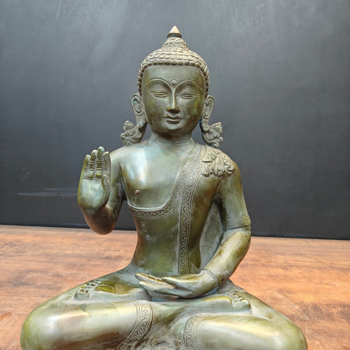 Brass Buddha Statue in Blessing Mudra Antique Patina Finish 1.5 Feet
