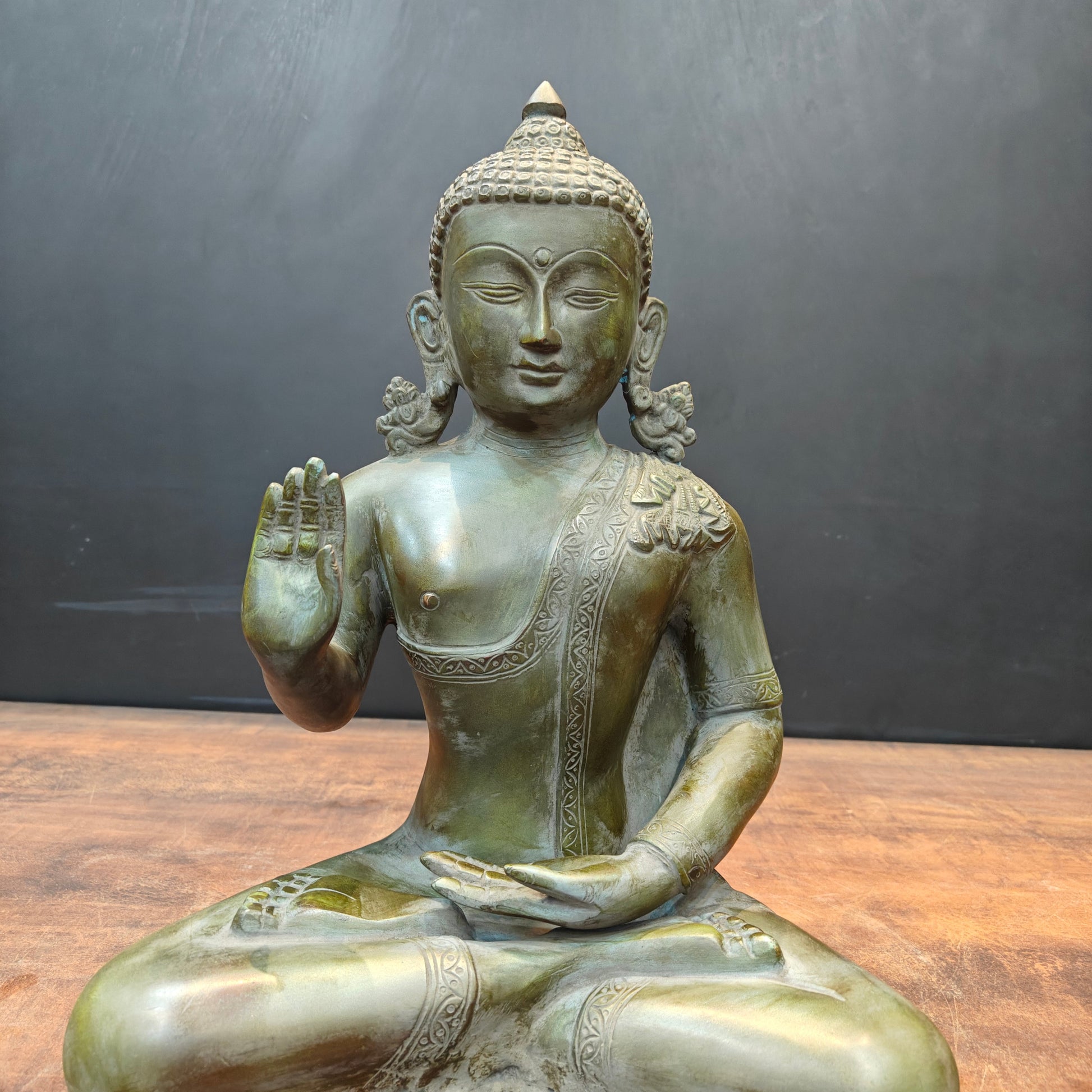 Brass Buddha Statue in Blessing Mudra Antique Patina Finish 1.5 Feet - Image 5