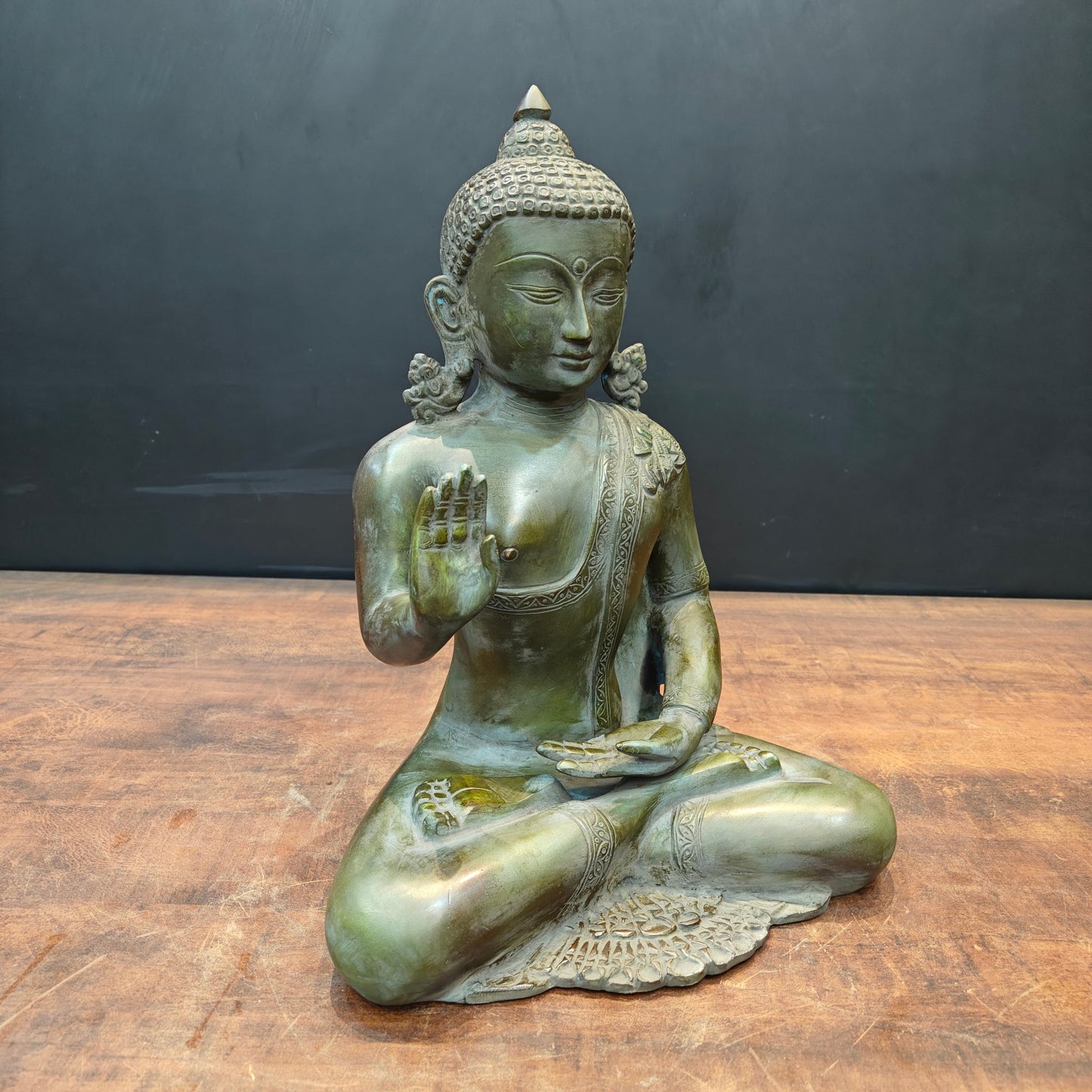 Brass Buddha Statue in Blessing Mudra Antique Patina Finish 1.5 Feet