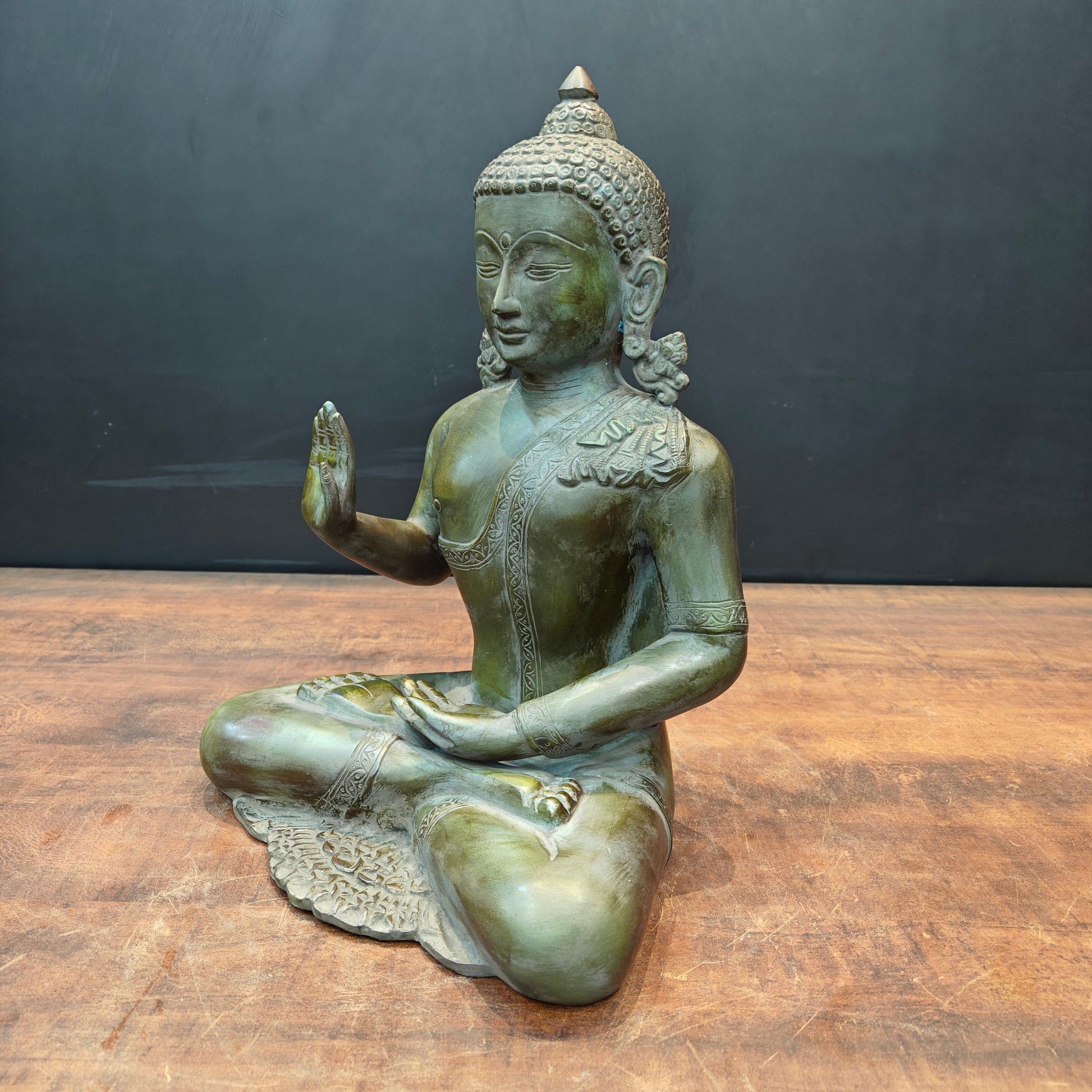 Brass Buddha Statue in Blessing Mudra Antique Patina Finish 1.5 Feet - Image 7