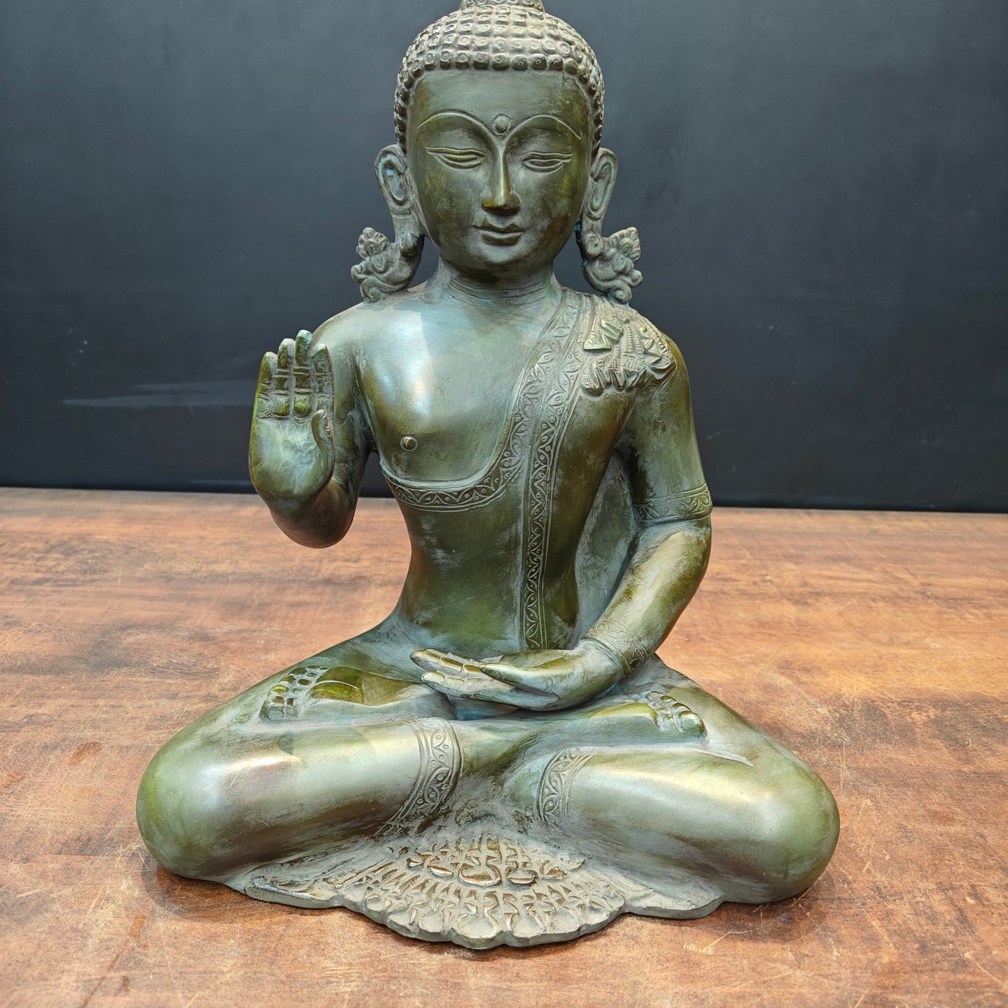 Brass Buddha Statue in Blessing Mudra Antique Patina Finish 1.5 Feet