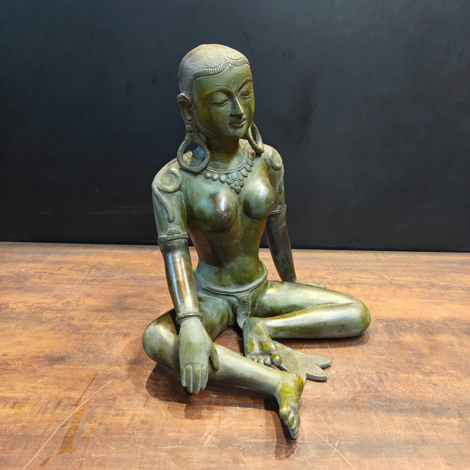 Brass Seated Nepalese Parvati Idol Green Patina Finish 1.5 Feet - Image 3