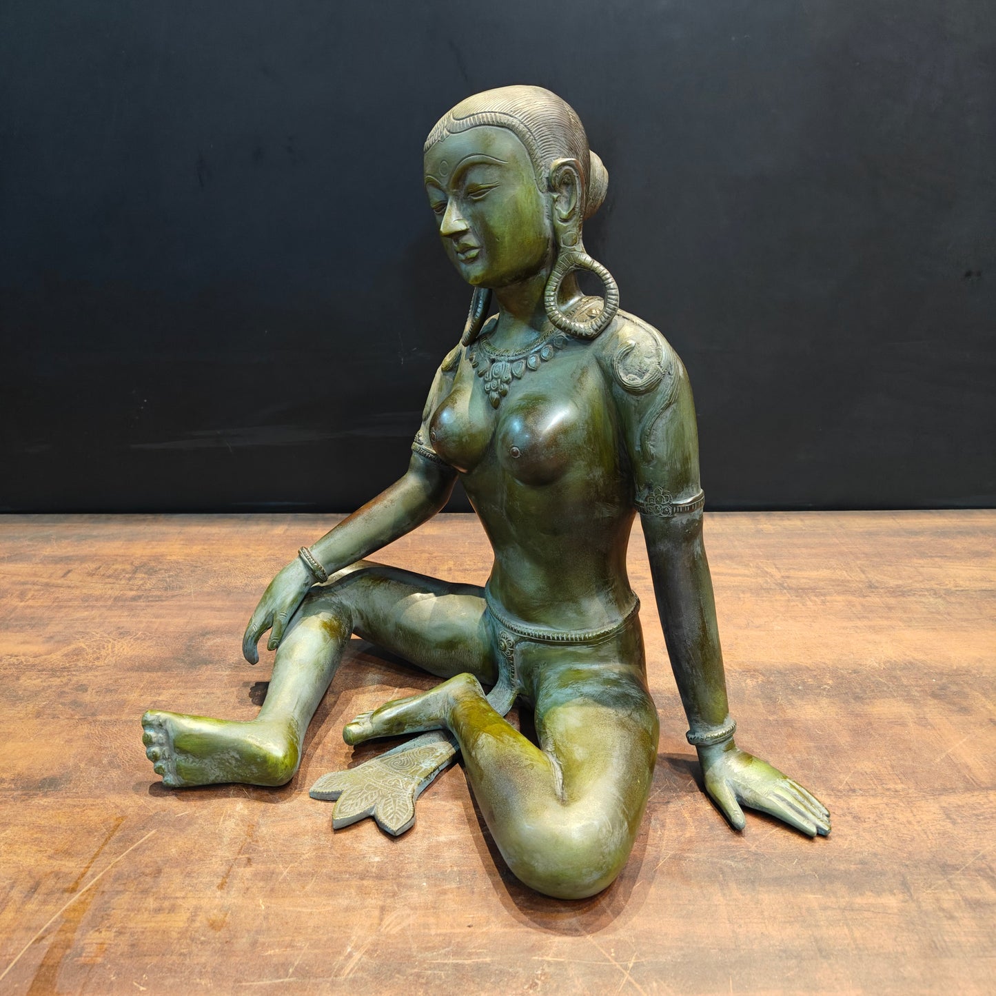 Brass Seated Nepalese Parvati Idol Green Patina Finish 1.5 Feet