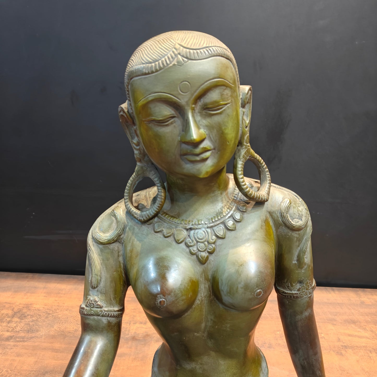 Brass Seated Nepalese Parvati Idol Green Patina Finish 1.5 Feet