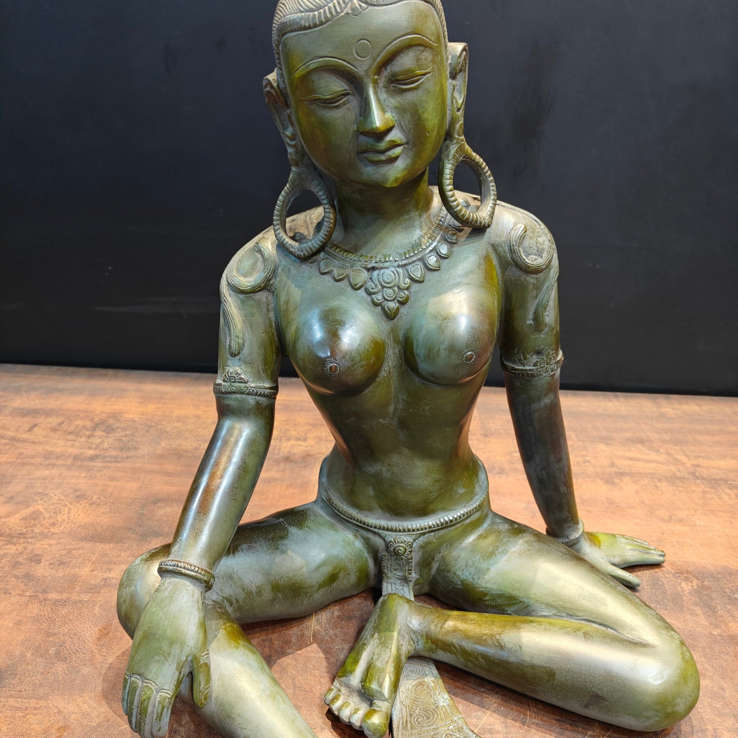 Brass Seated Nepalese Parvati Idol Green Patina Finish 1.5 Feet