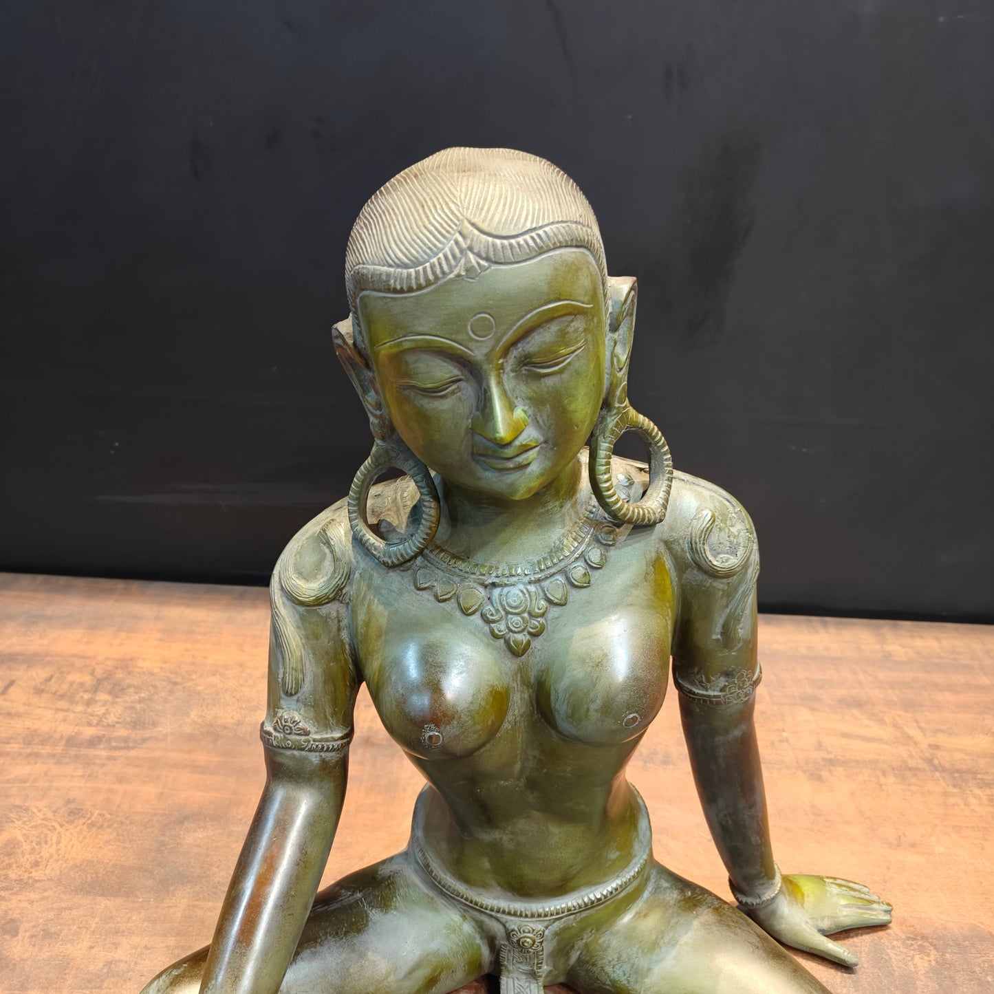 Brass Seated Nepalese Parvati Idol Green Patina Finish 1.5 Feet