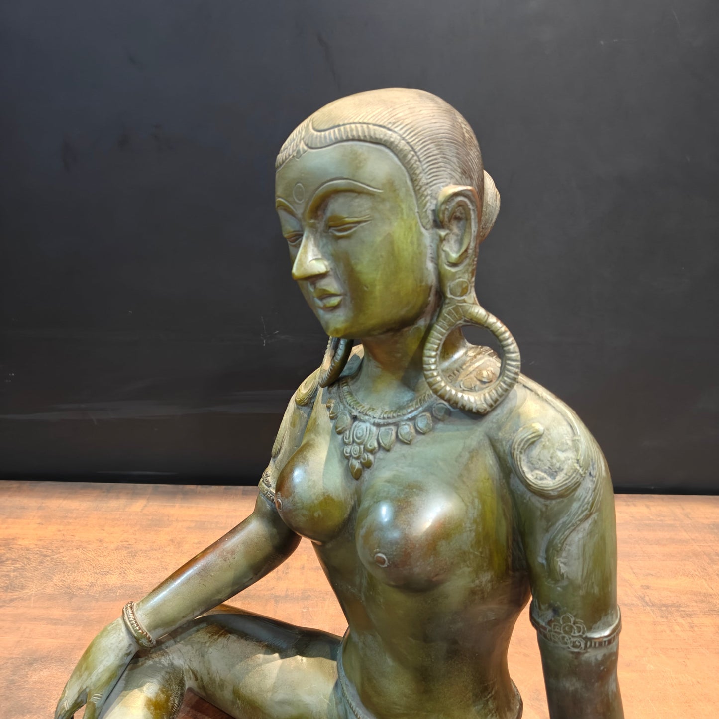 Brass Seated Nepalese Parvati Idol Green Patina Finish 1.5 Feet