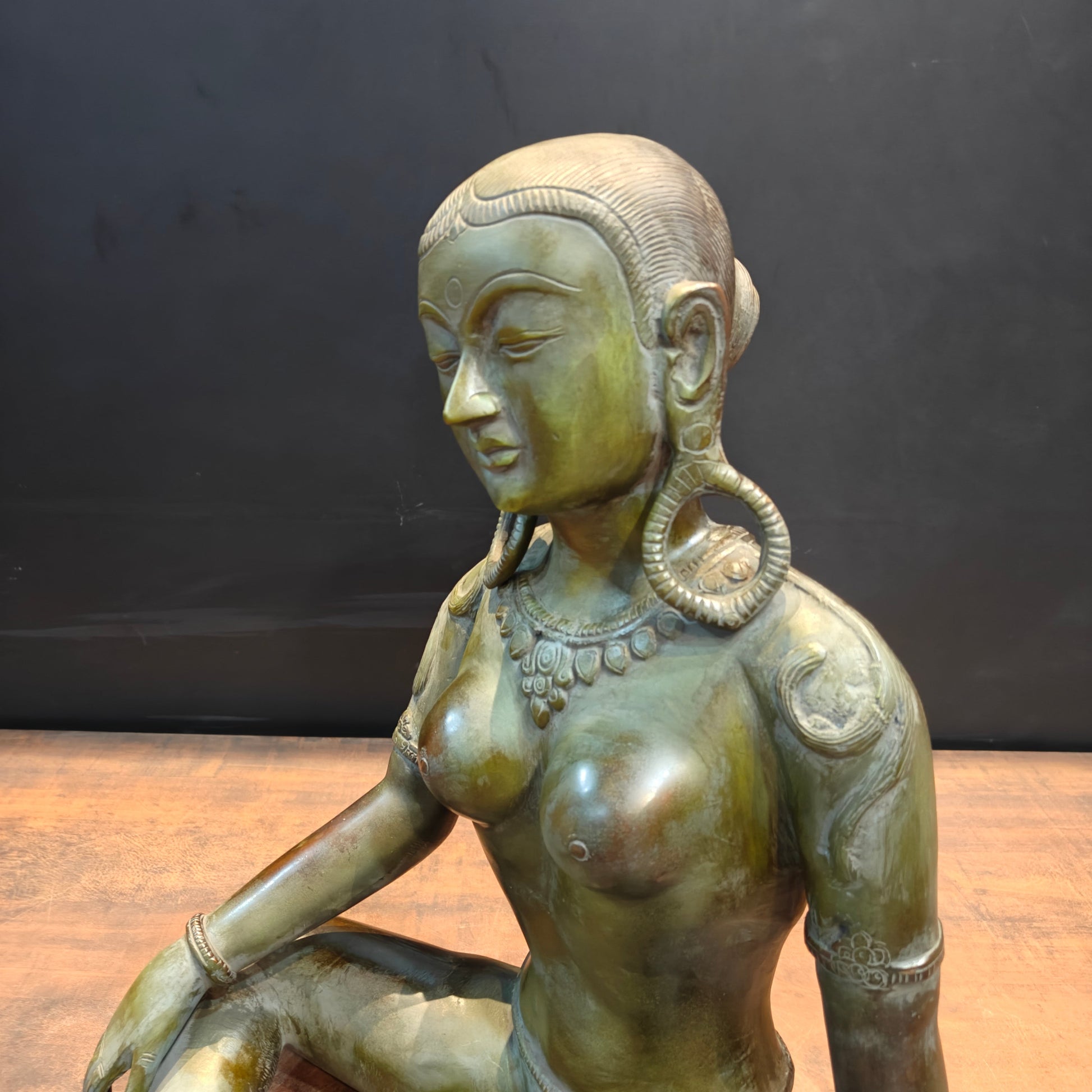 Brass Seated Nepalese Parvati Idol Green Patina Finish 1.5 Feet - Image 8