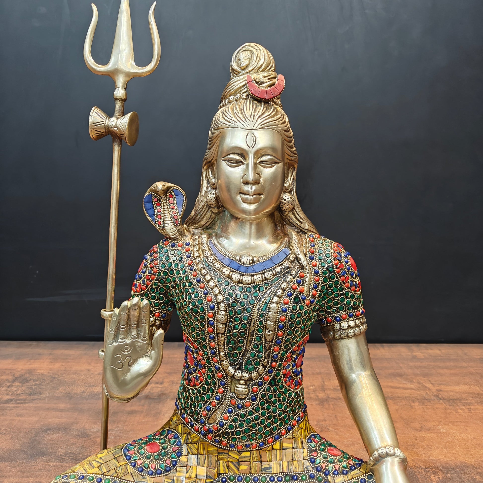 Brass Lord Shiva Statue With Stone Work 1.5 Feet - Image 4