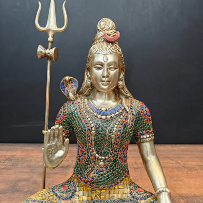 Brass Lord Shiva Statue With Stone Work 1.5 Feet by vendor-unknown - Hindu Gods (View 4)