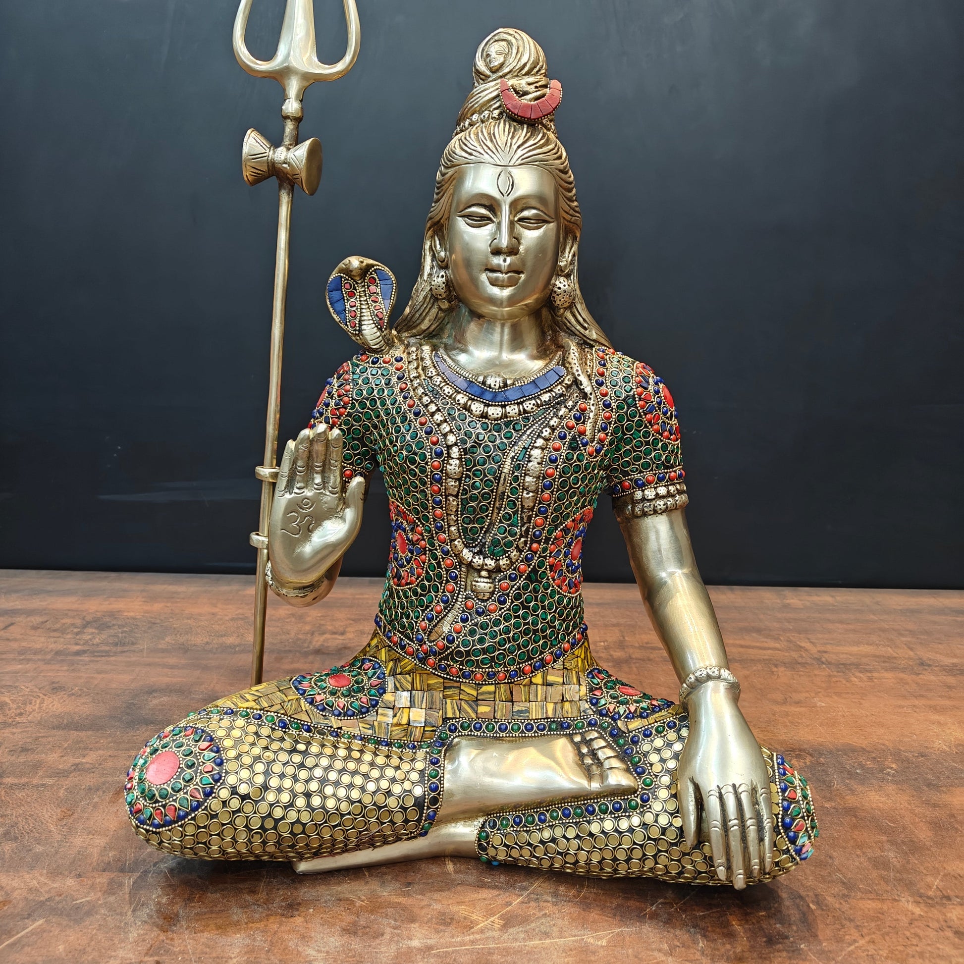 Brass Lord Shiva Statue With Stone Work 1.5 Feet - Image 5