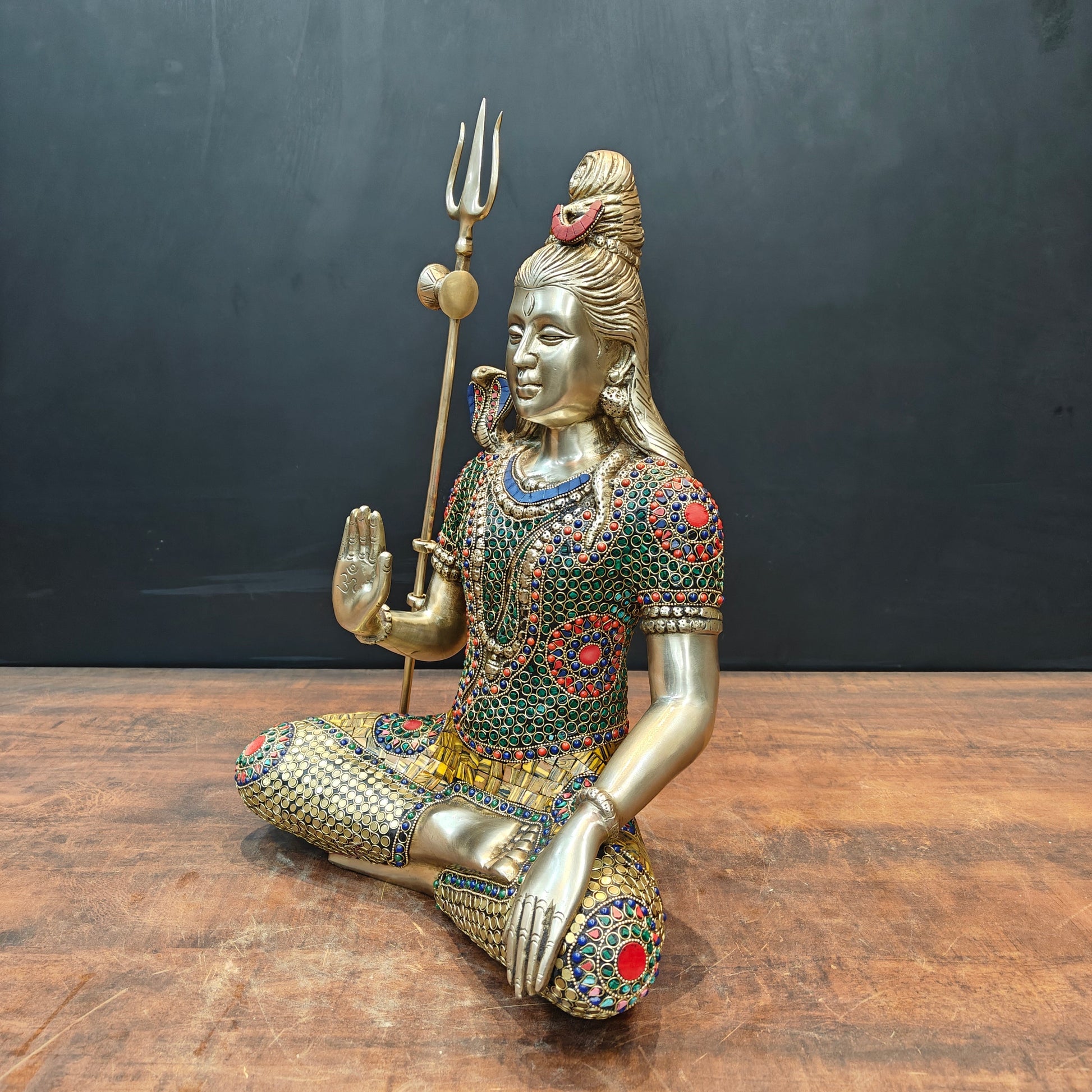 Brass Lord Shiva Statue With Stone Work 1.5 Feet - Image 7