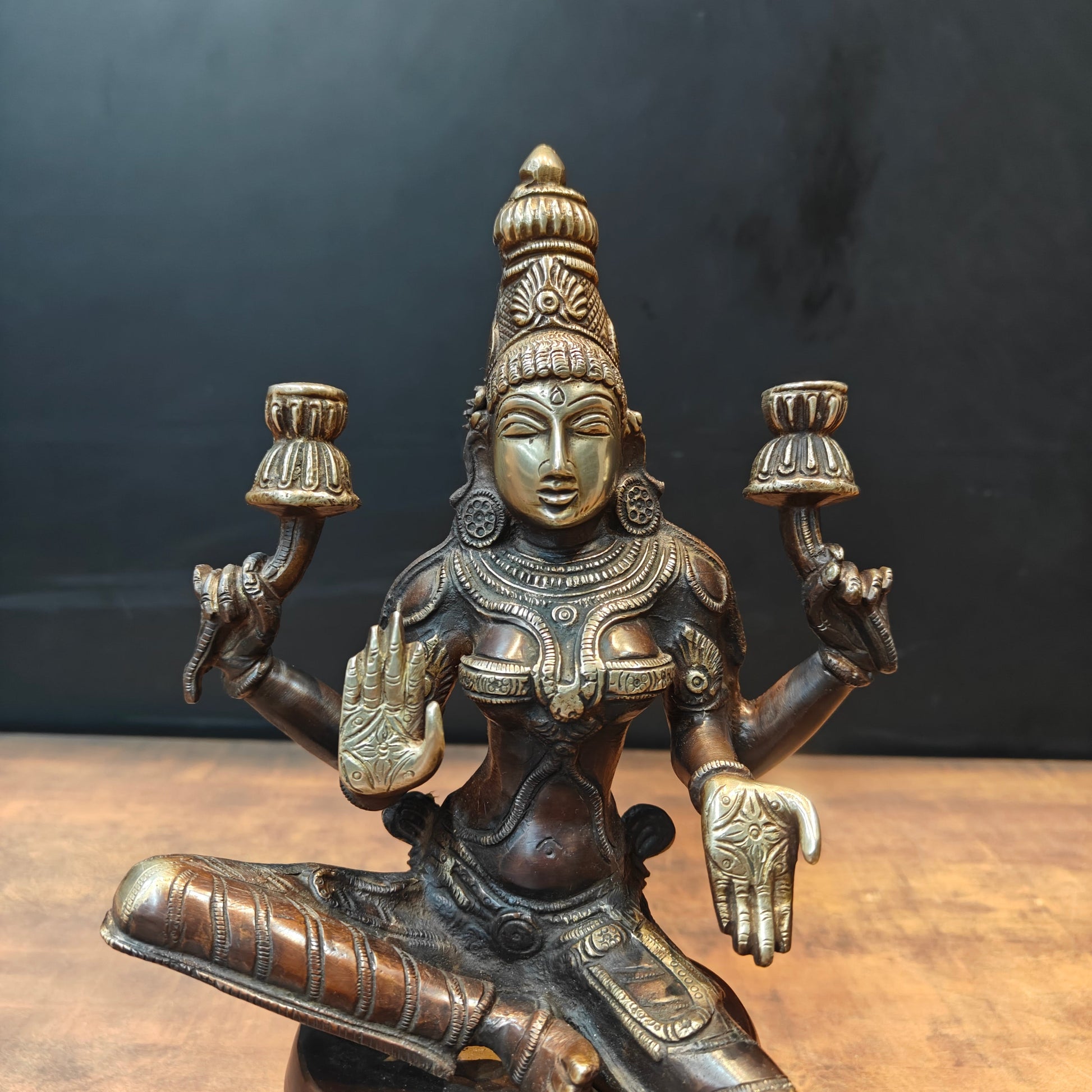 Brass Goddess Lakshmi Idol Sitting On Lotus Base 1 Feet - Image 2