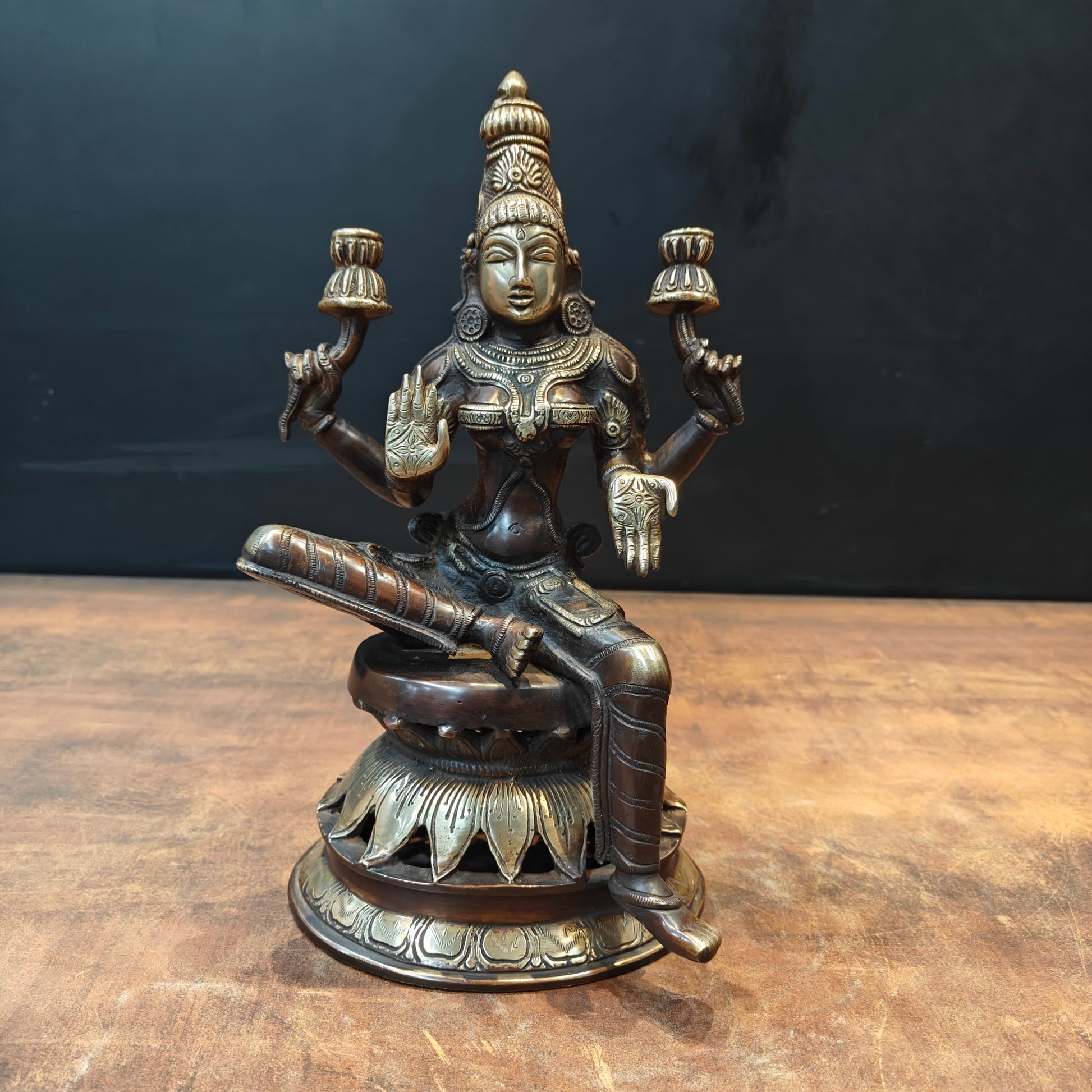 Brass Goddess Lakshmi Idol Sitting On Lotus Base 1 Feet - Image 3