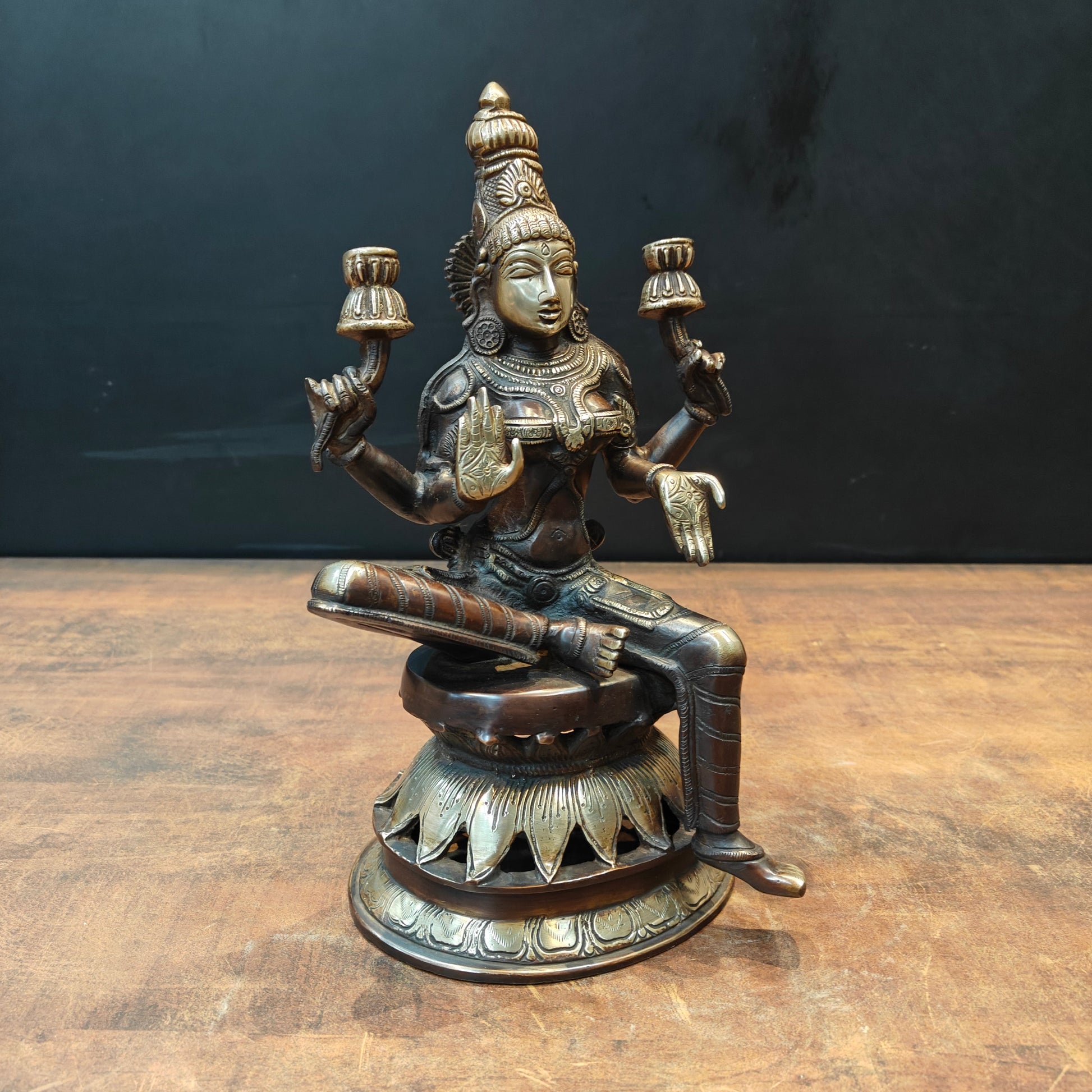Brass Goddess Lakshmi Idol Sitting On Lotus Base 1 Feet - Image 4