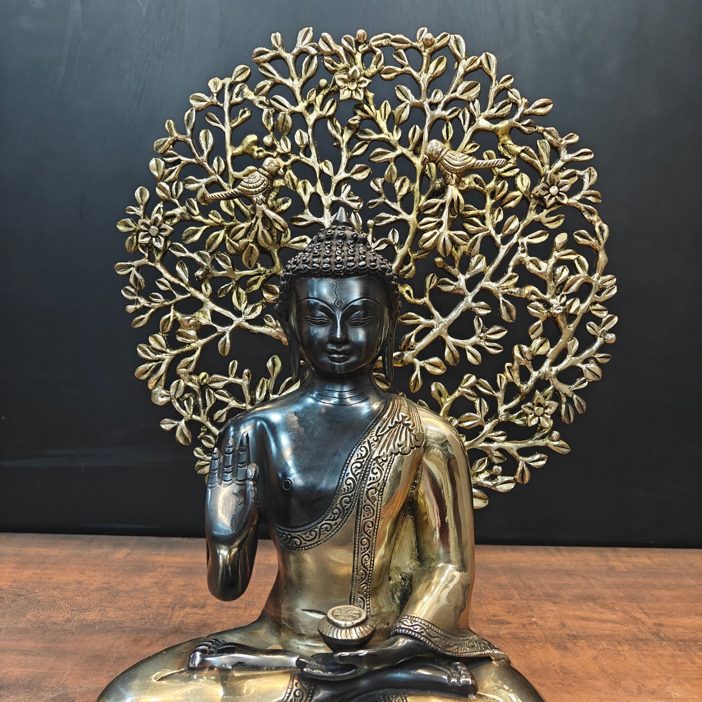 Brass Buddha Statue With Bodhi Tree Black Patina Finish 22 Inch