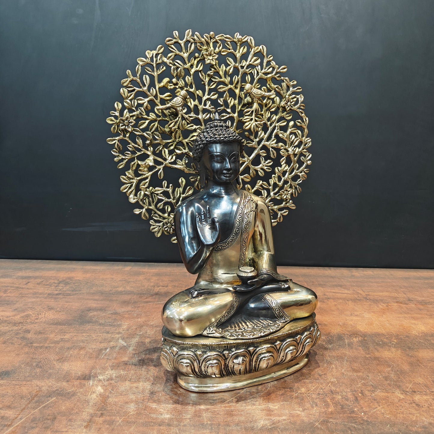 Brass Buddha Statue With Bodhi Tree Black Patina Finish 22 Inch