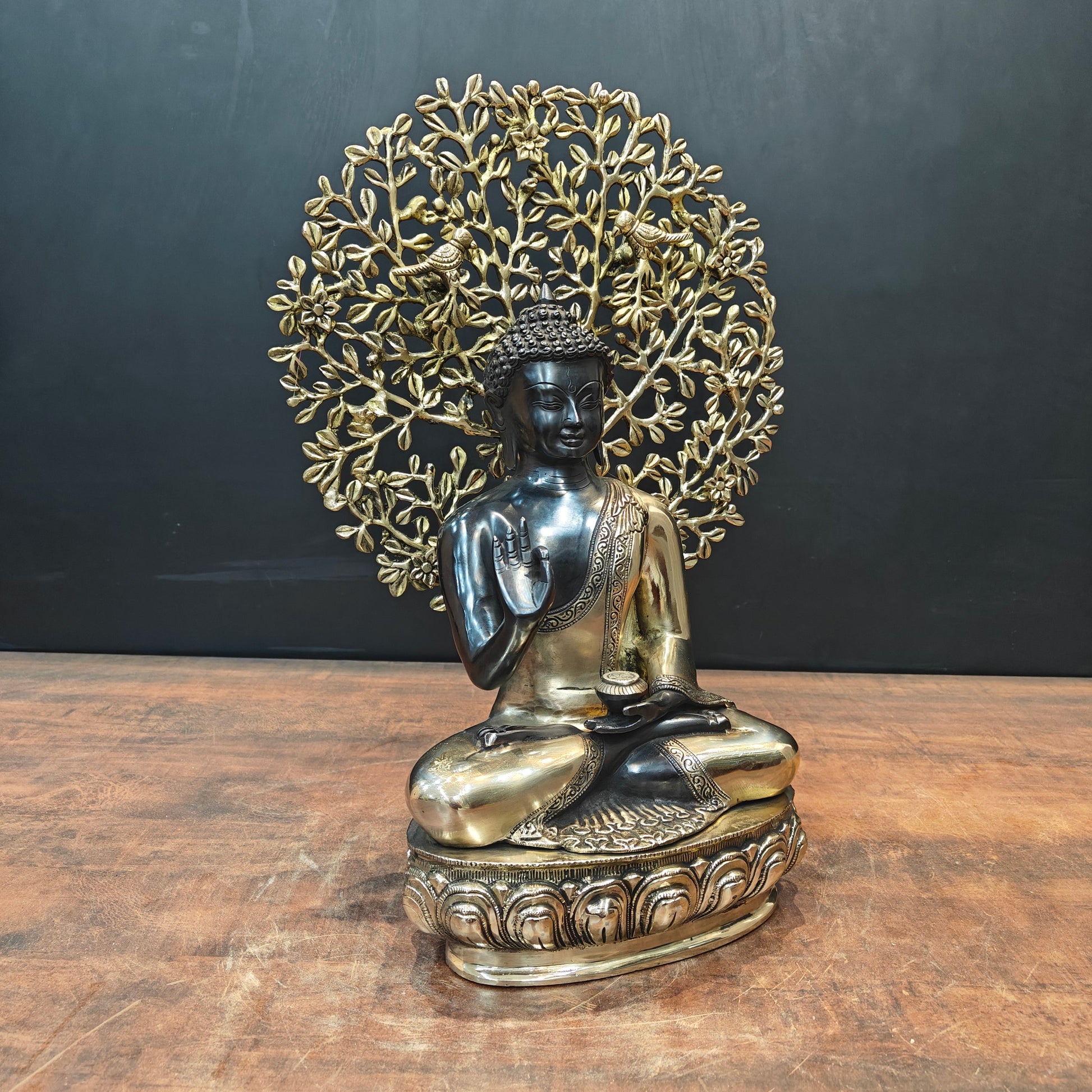 Brass Buddha Statue With Bodhi Tree Black Patina Finish 22 Inch - Image 4