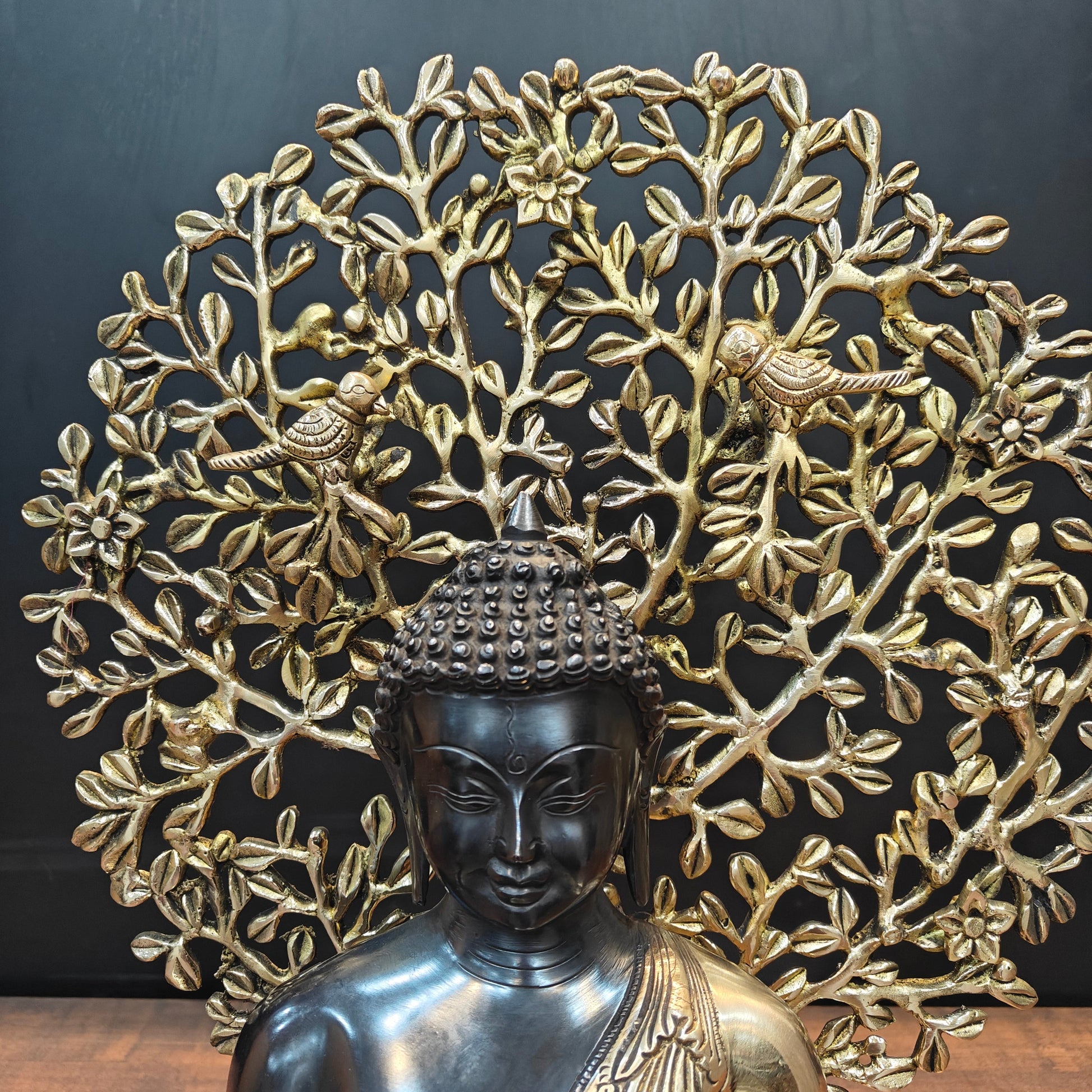Brass Buddha Statue With Bodhi Tree Black Patina Finish 22 Inch - Image 5