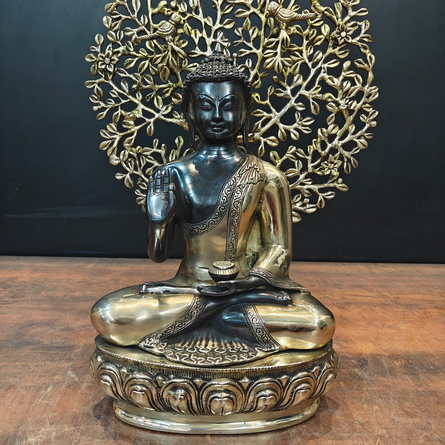 Brass Buddha Statue With Bodhi Tree Black Patina Finish 22 Inch