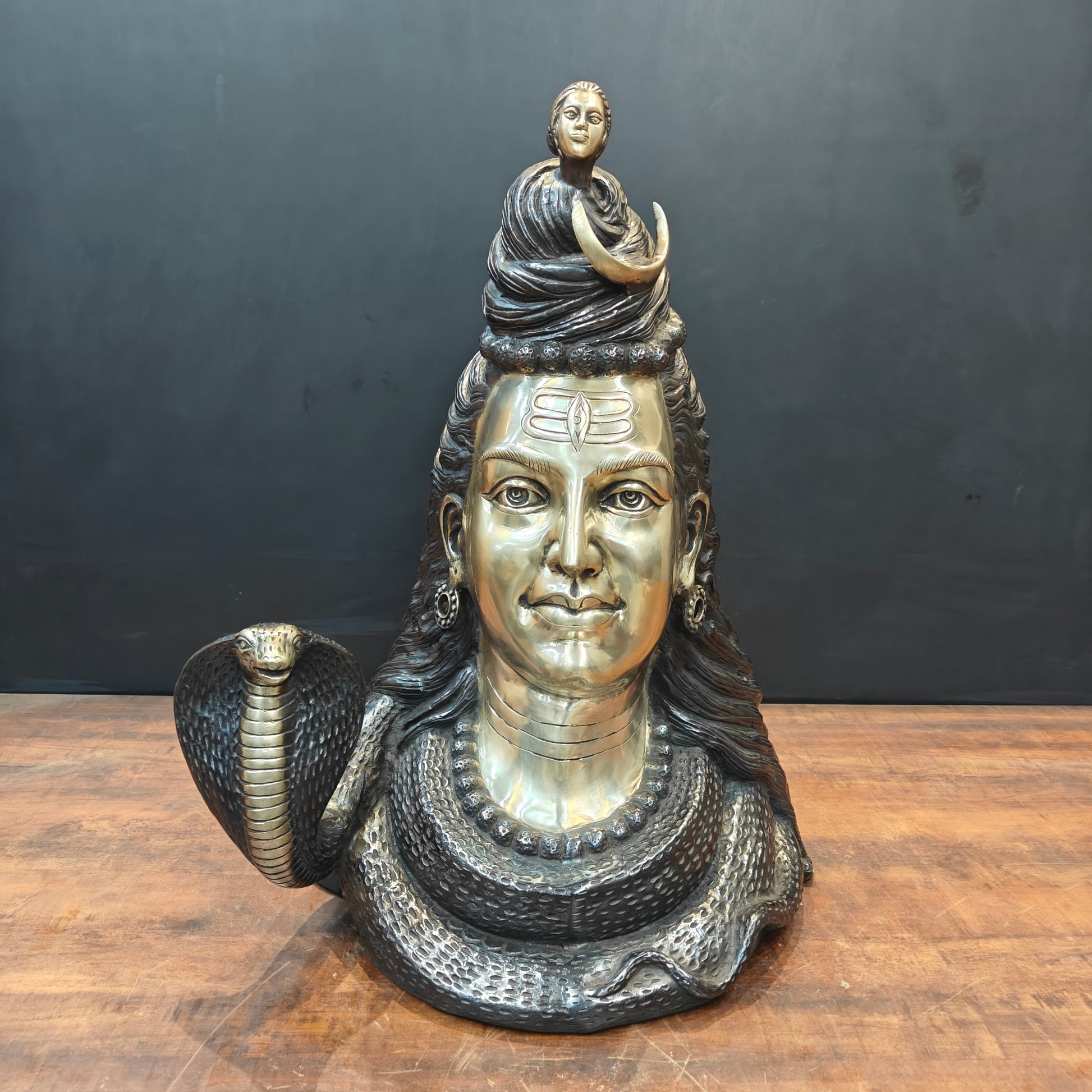 Brass Large Shiva Head Bust With Moon and River Ganga 27 Inch - Image 3