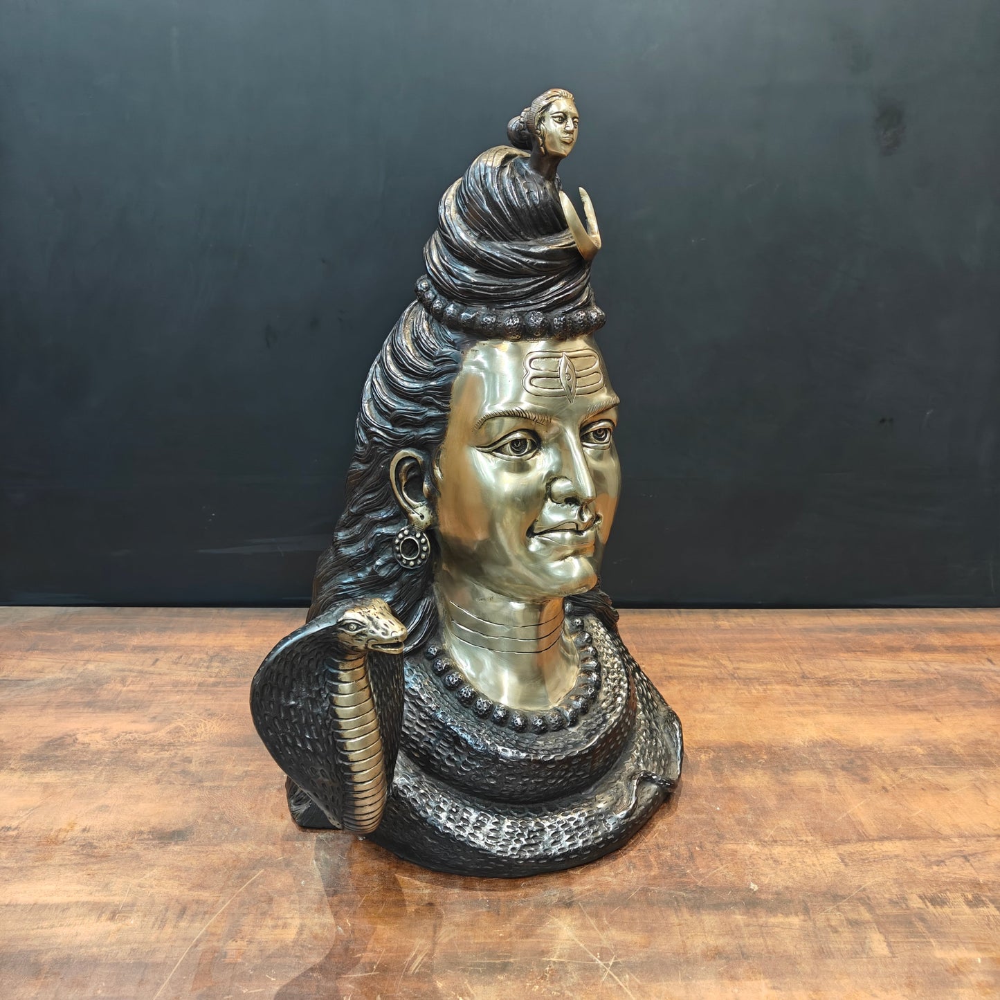 Brass Large Shiva Head Bust With Moon and River Ganga 27 Inch