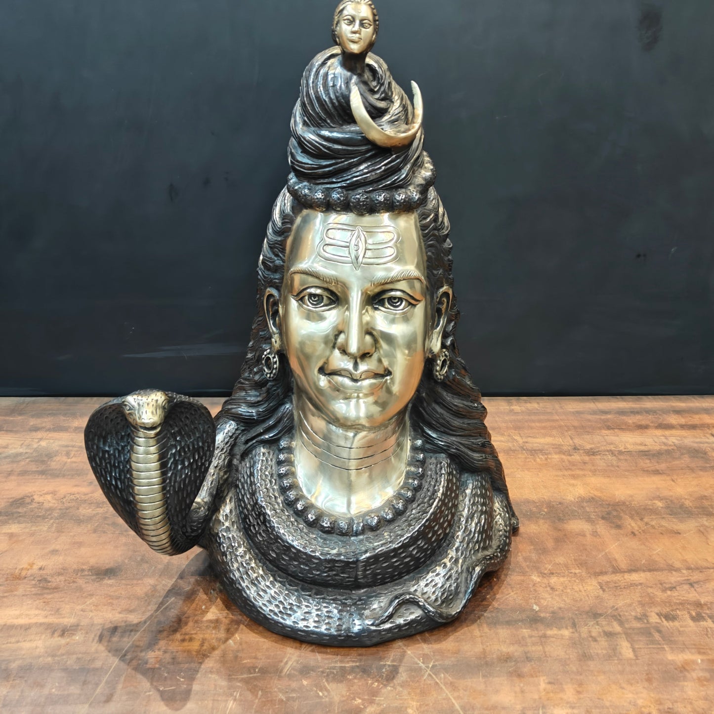 Brass Large Shiva Head Bust With Moon and River Ganga 27 Inch