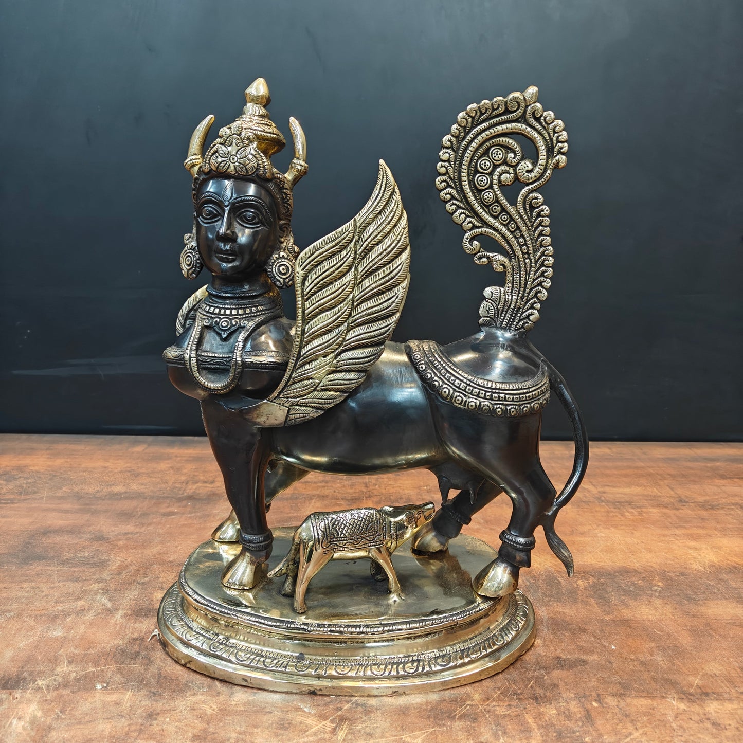 Brass Exquisite Kamdhenu Cow With Calf Statue 16 Inches