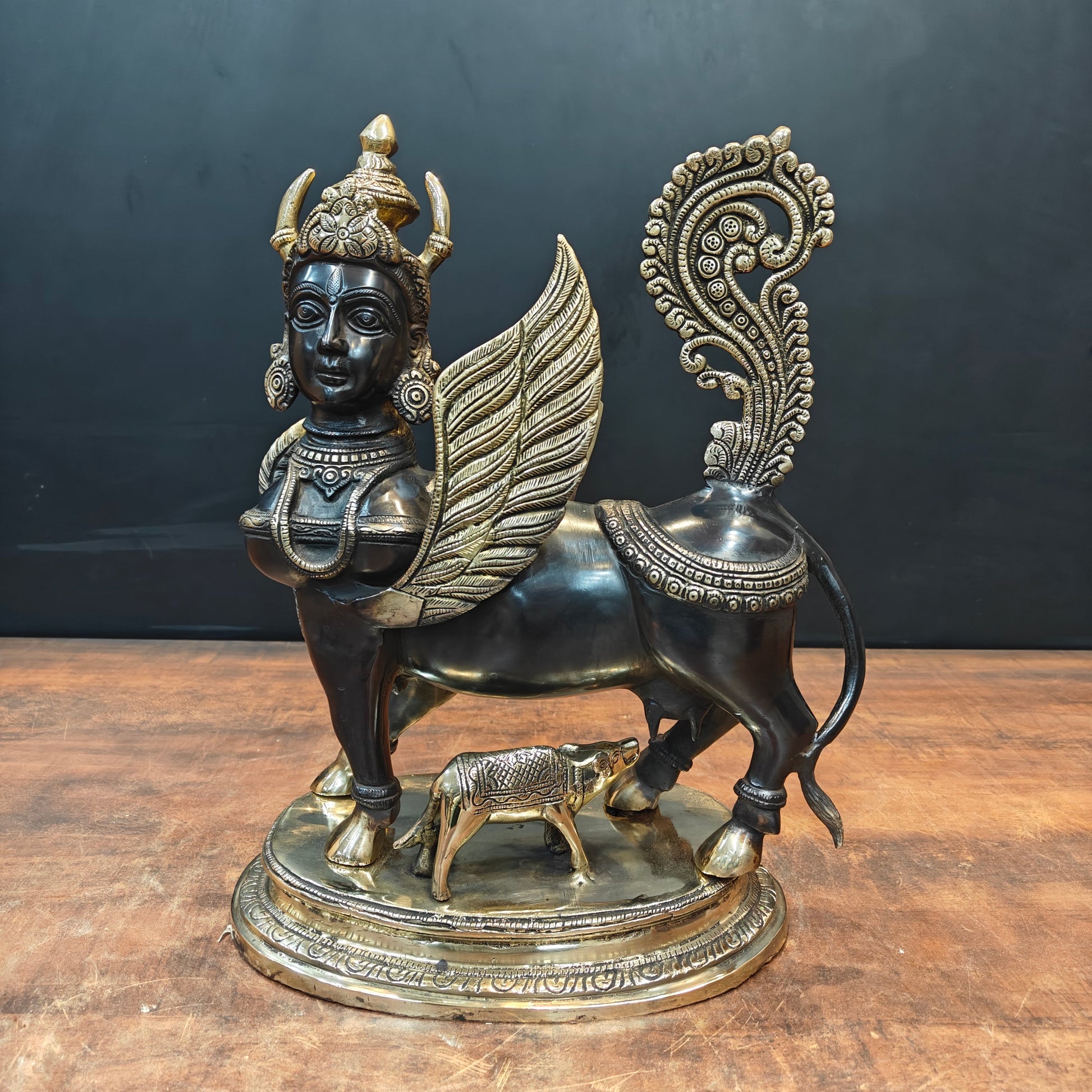 Brass Exquisite Kamdhenu Cow With Calf Statue 16 Inches - Image 2