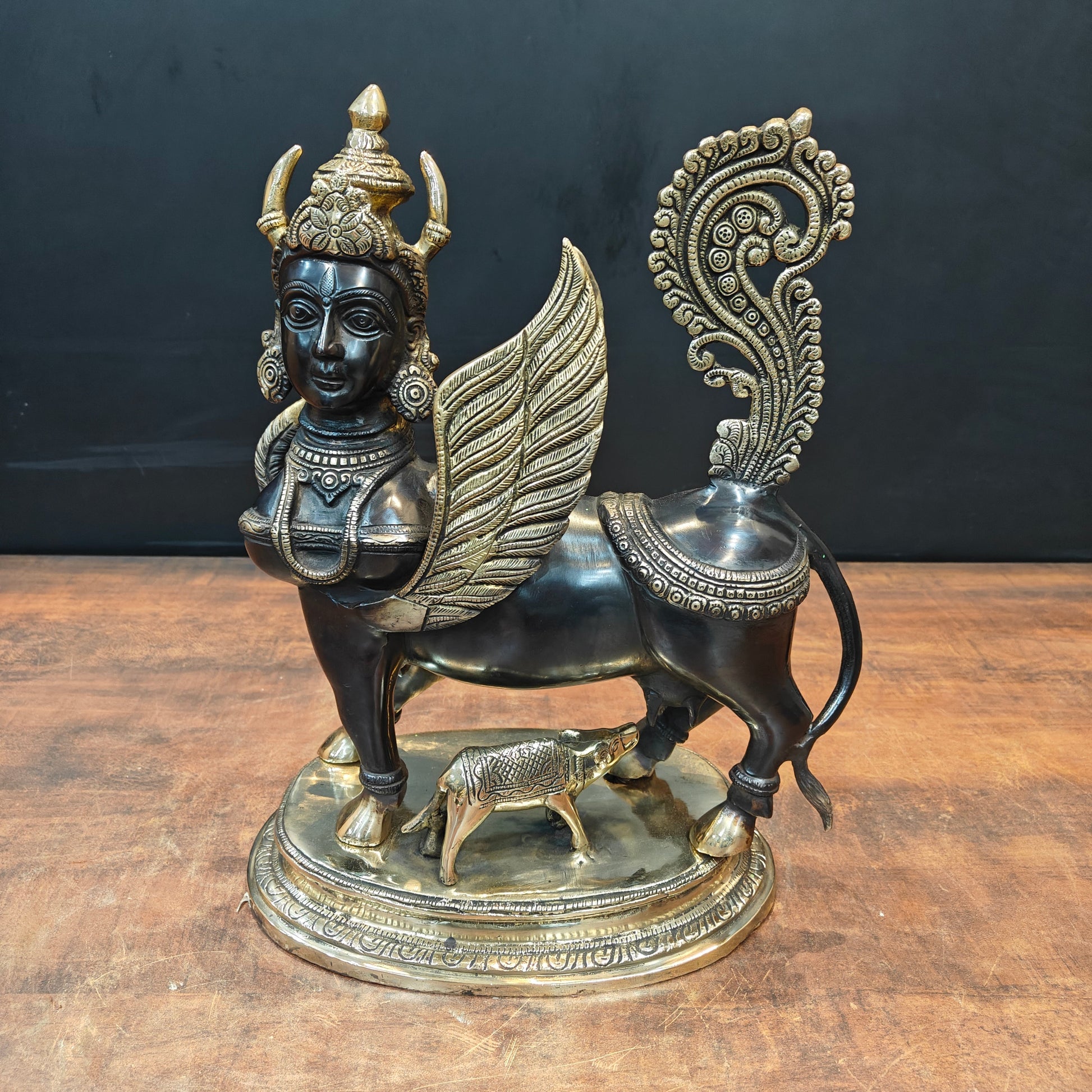 Brass Exquisite Kamdhenu Cow With Calf Statue 16 Inches - Image 3