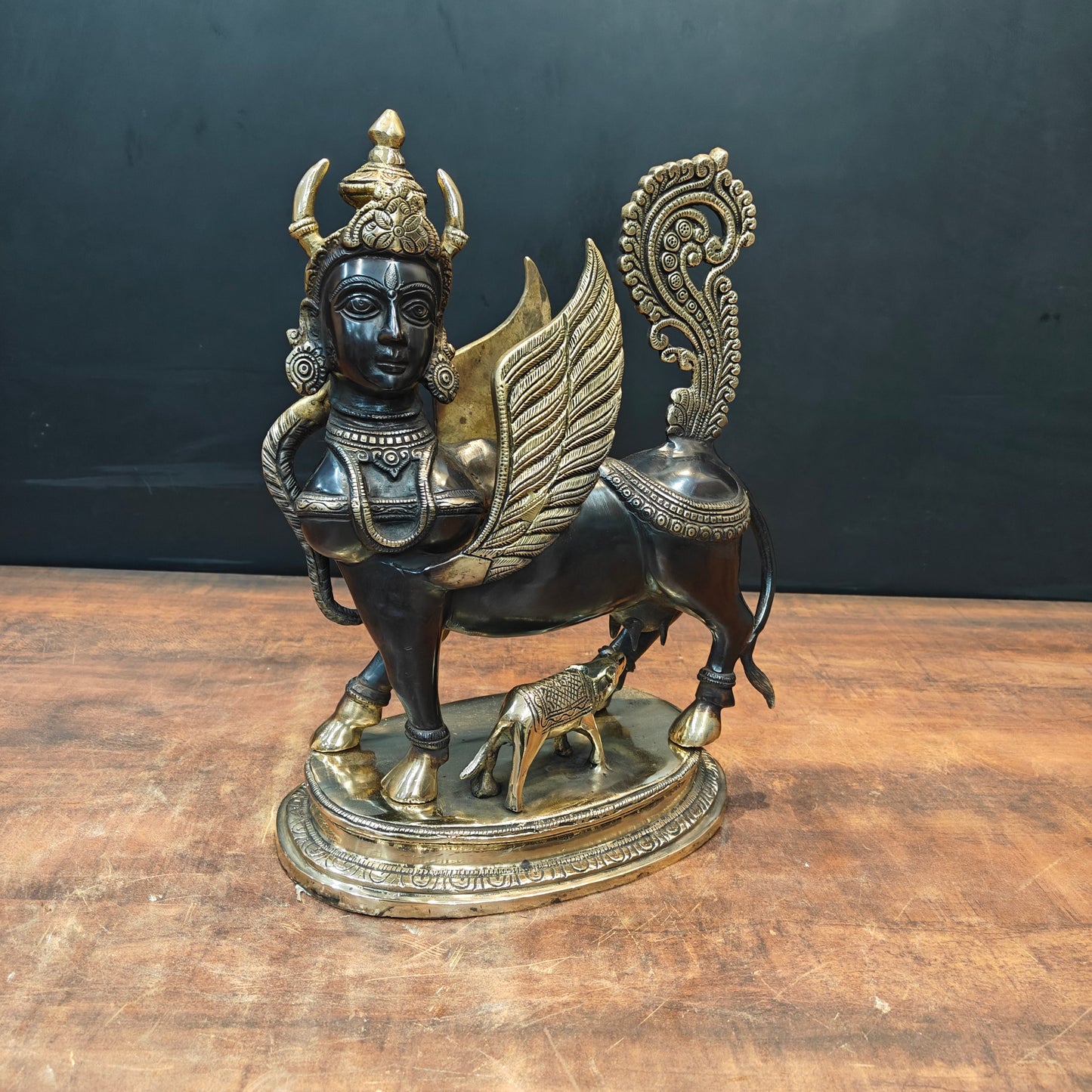 Brass Exquisite Kamdhenu Cow With Calf Statue 16 Inches