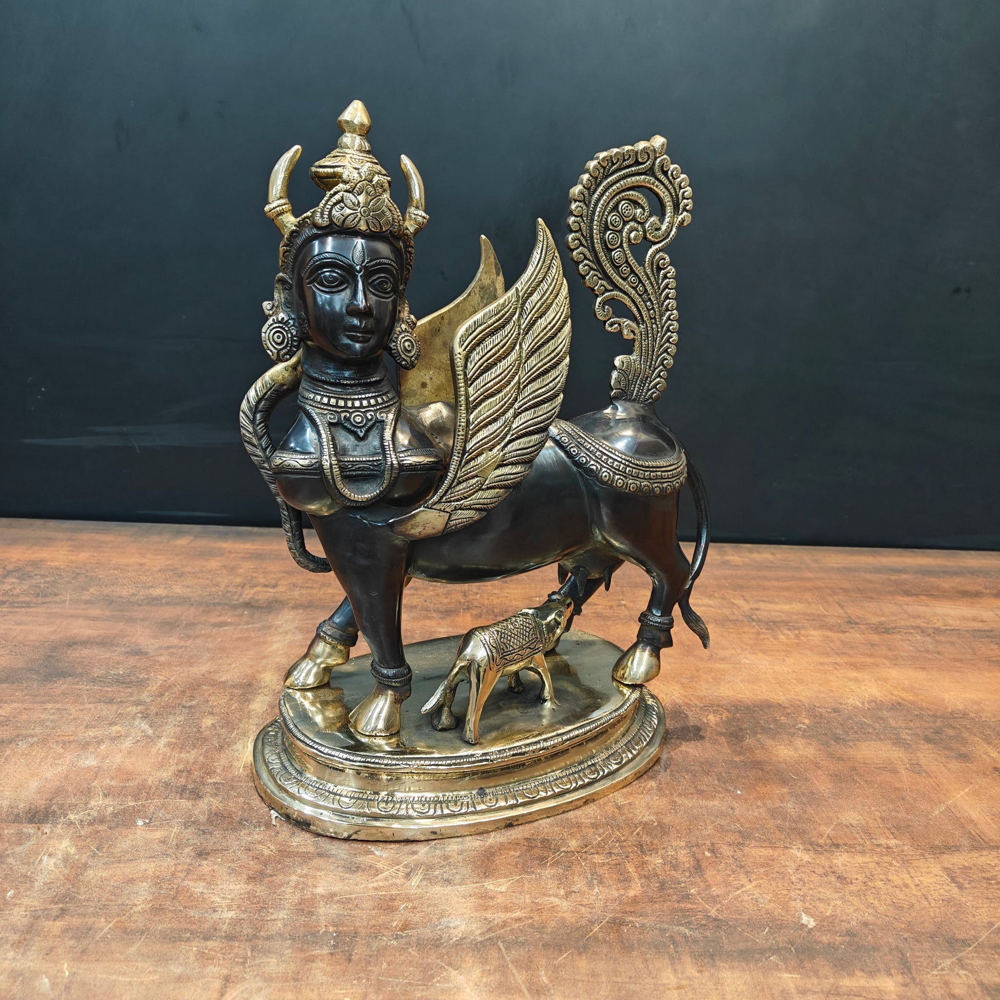 Brass Exquisite Kamdhenu Cow With Calf Statue 16 Inches - Image 4