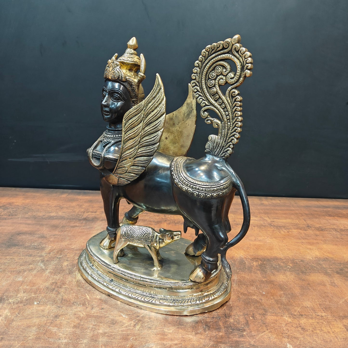 Brass Exquisite Kamdhenu Cow With Calf Statue 16 Inches