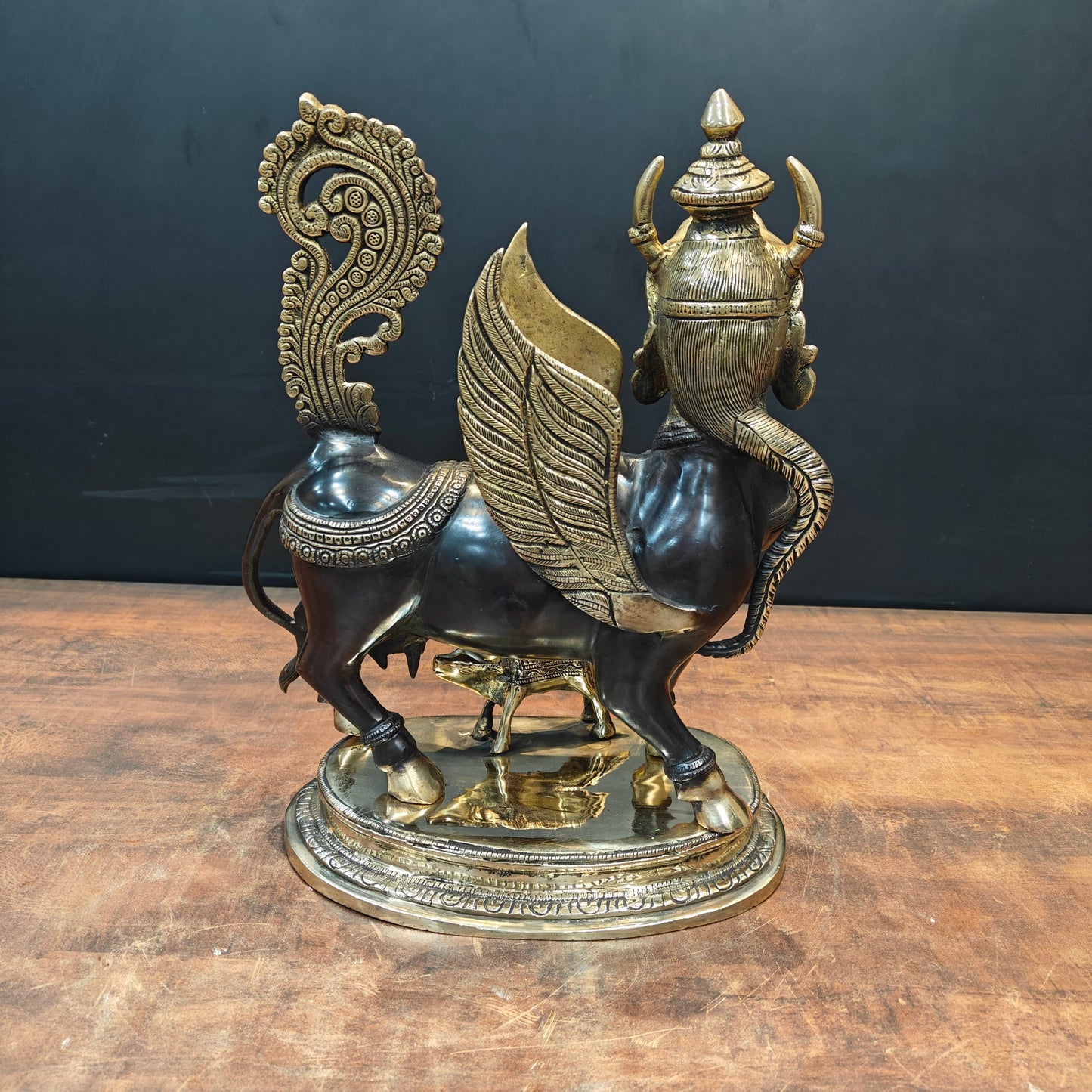 Brass Exquisite Kamdhenu Cow With Calf Statue 16 Inches