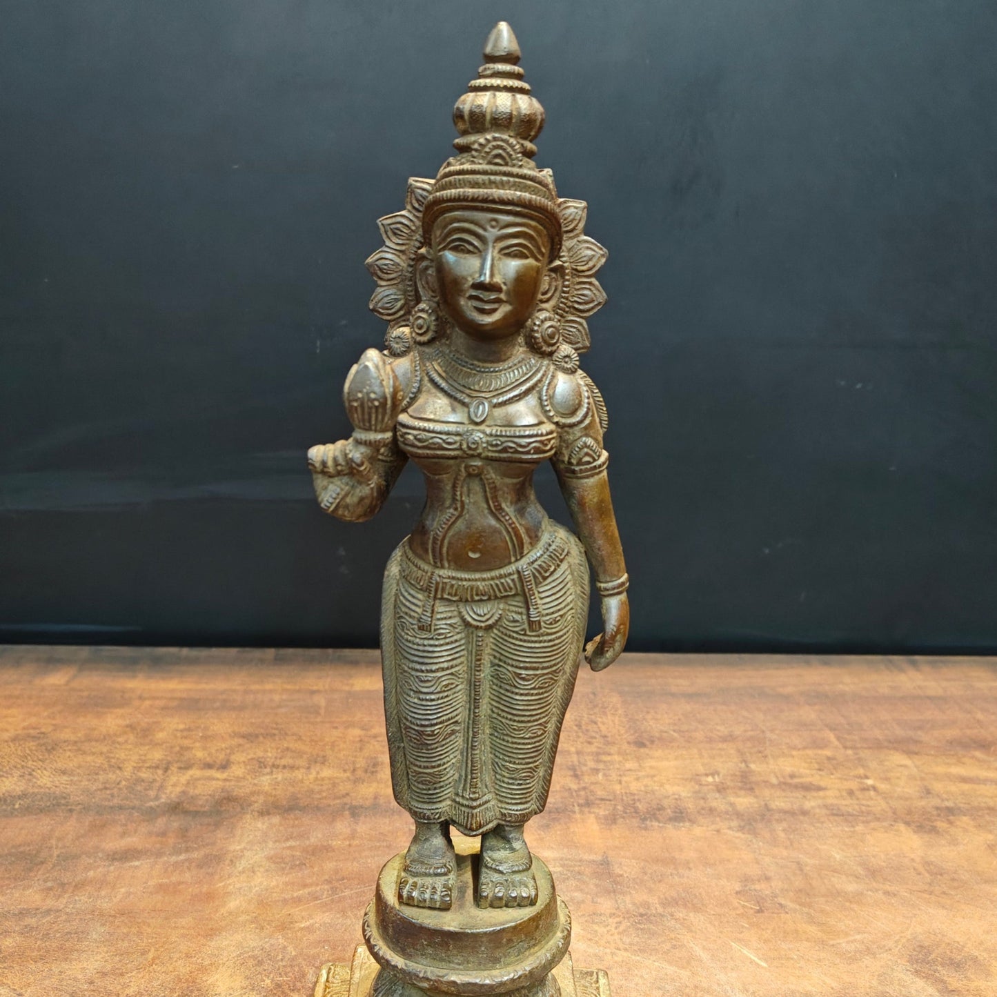 Brass Standing Parvati Idol Sculpture Antique Patina Finish 13 Inch
