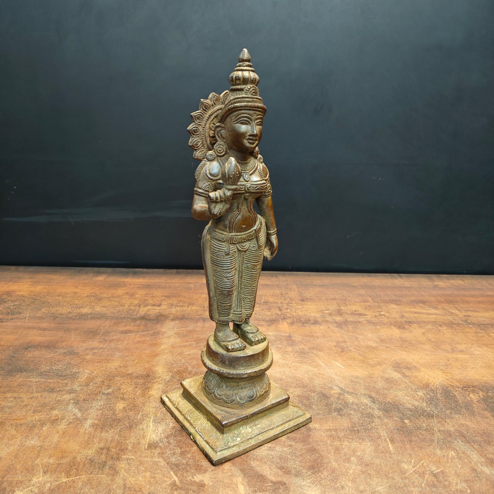 Brass Standing Parvati Idol Sculpture Antique Patina Finish 13 Inch - Image 3