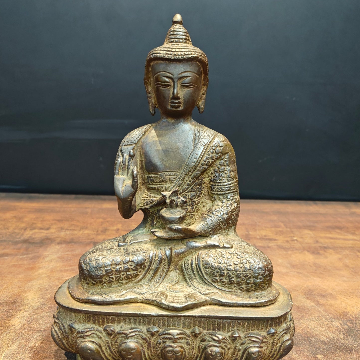 Brass Blessing Buddha Statue Antique Patina Finish 11 Inch