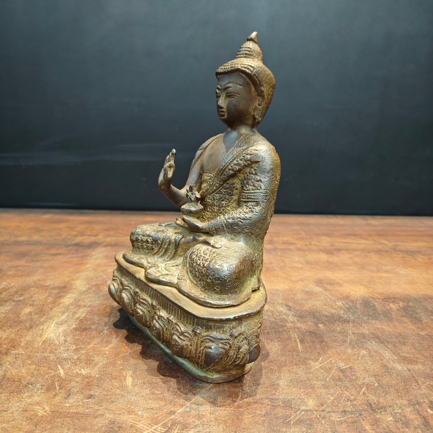 Brass Blessing Buddha Statue Antique Patina Finish 11 Inch