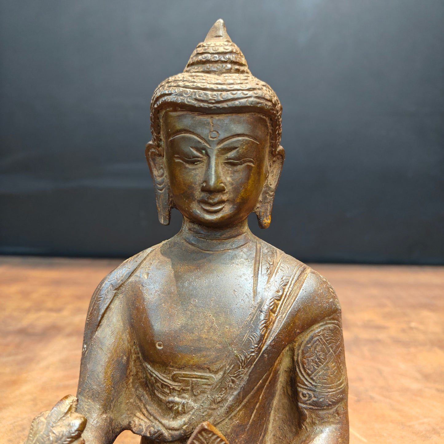 Brass Medicine Buddha Statue Antique Patina Finish 8 Inch