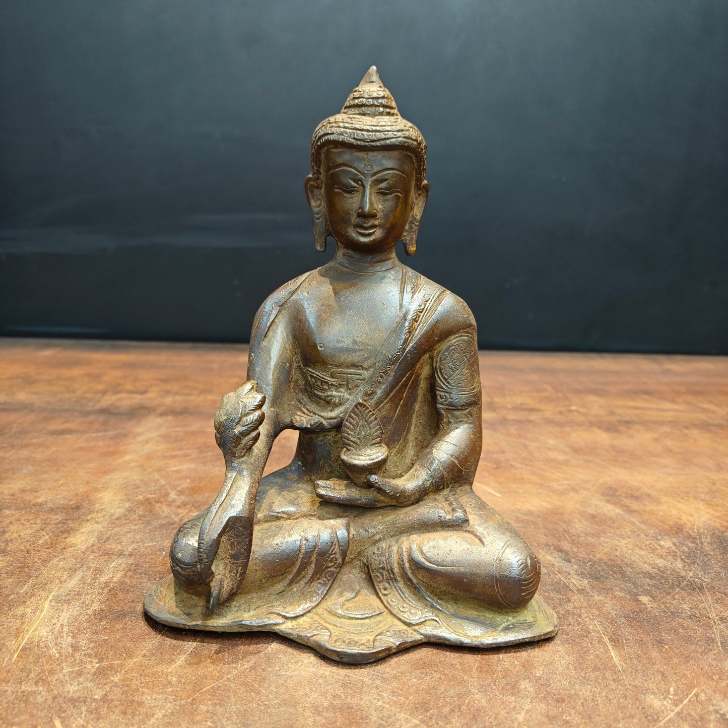 Brass Medicine Buddha Statue Antique Patina Finish 8 Inch