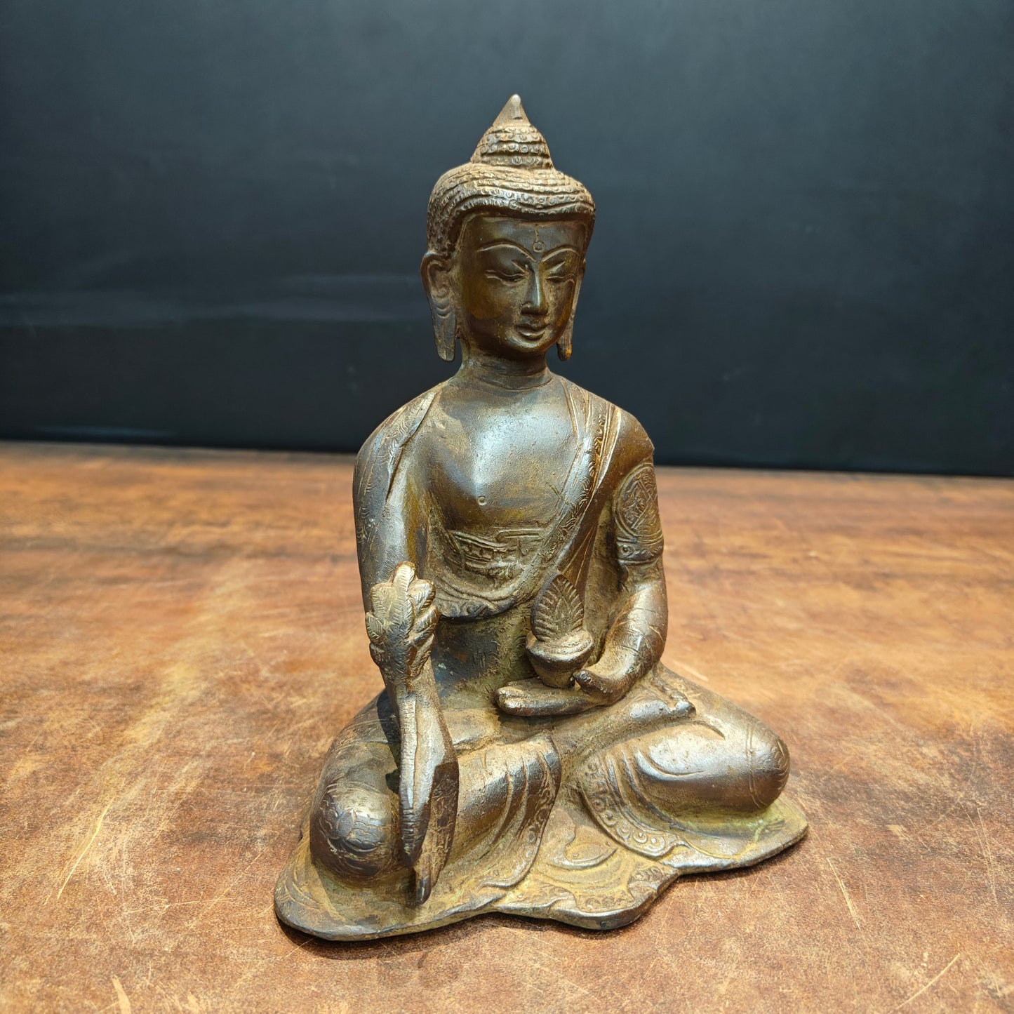 Brass Medicine Buddha Statue Antique Patina Finish 8 Inch