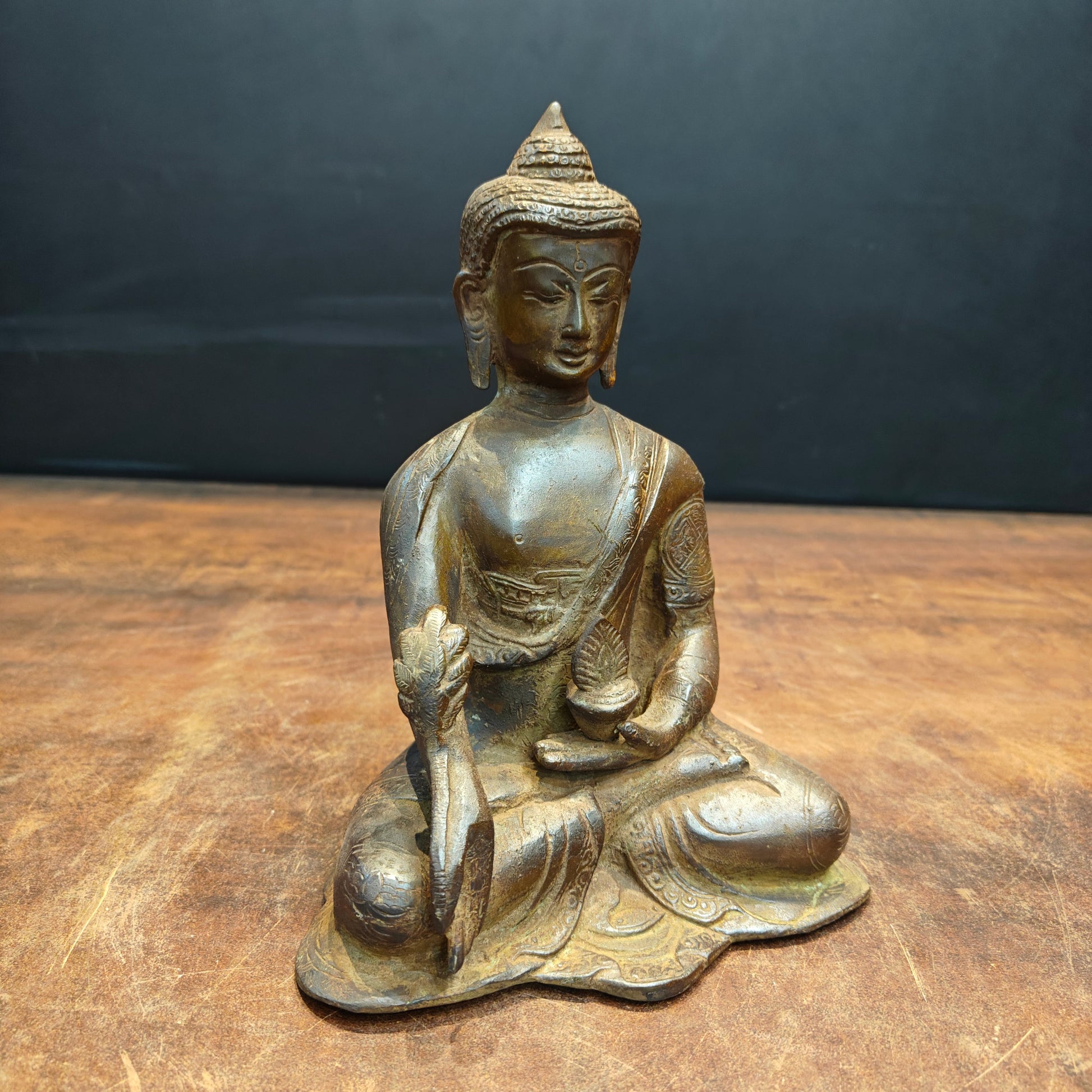 Brass Medicine Buddha Statue Antique Patina Finish 8 Inch - Image 4