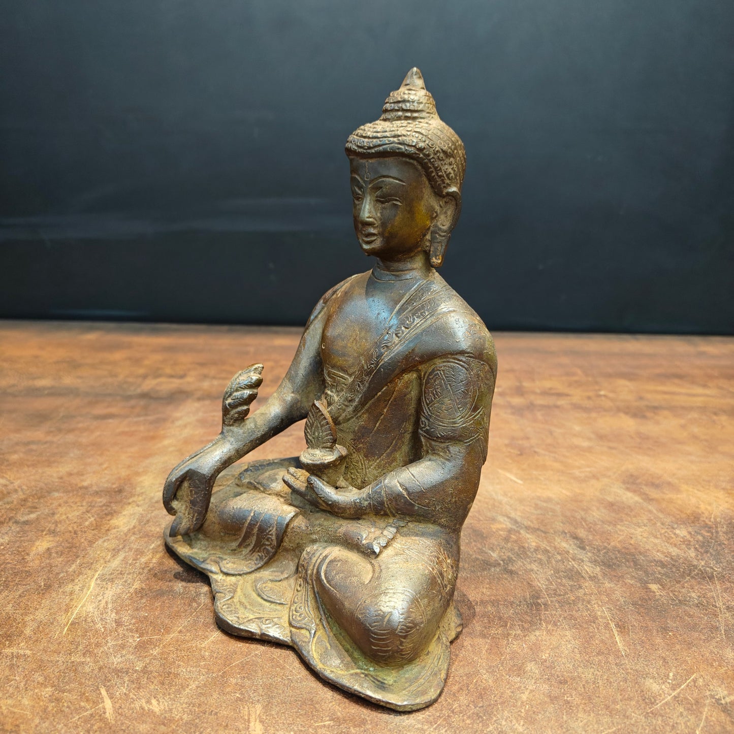 Brass Medicine Buddha Statue Antique Patina Finish 8 Inch