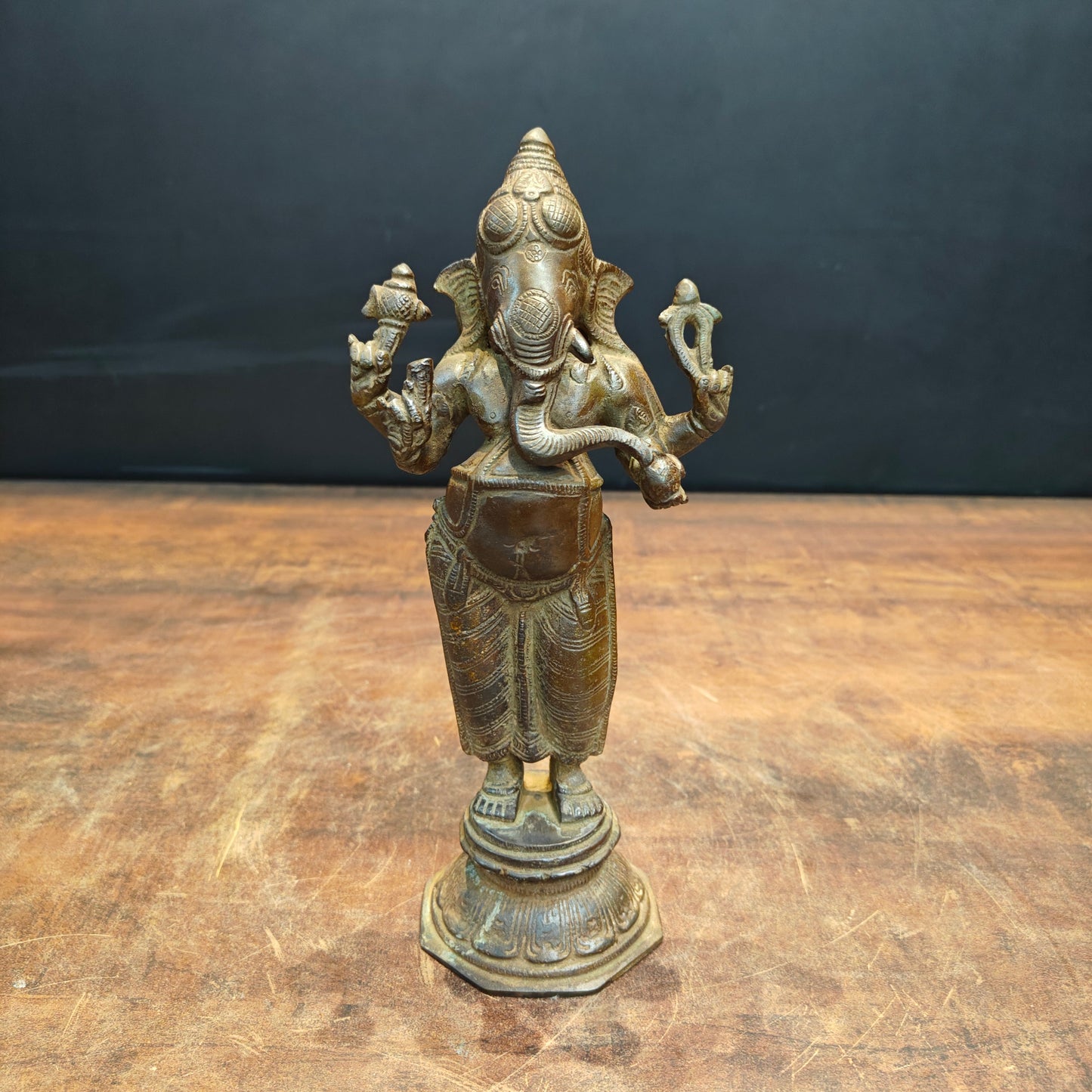 Brass Standing Ganesha Idol Antique Patina Finish 10 Inch